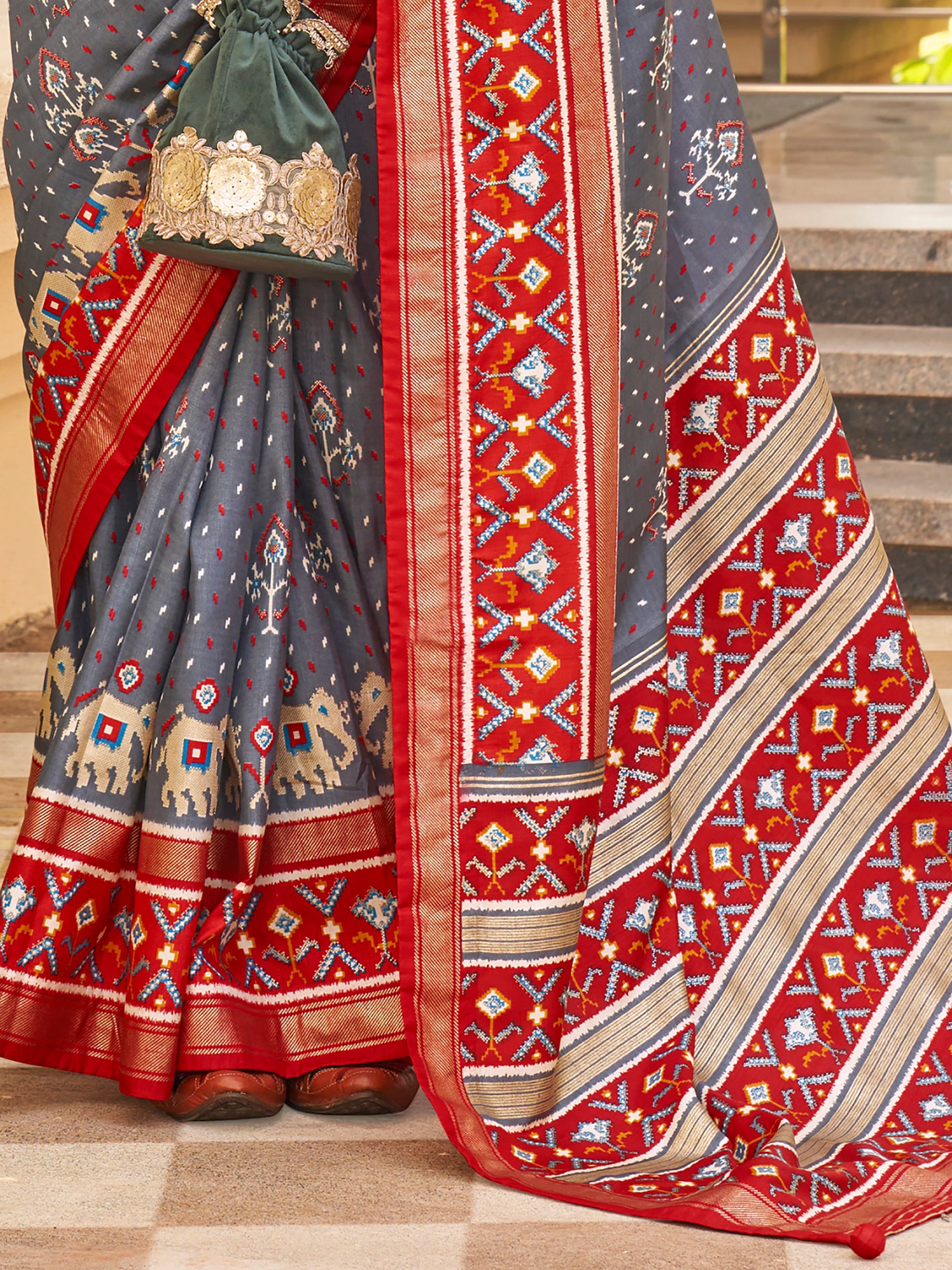 Awesome Grey Patola Print Silk Events Wear Saree With Blouse