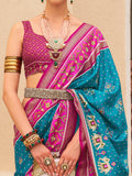 Lovely Aqua Blue Patola Print Silk Traditional Saree With Blouse