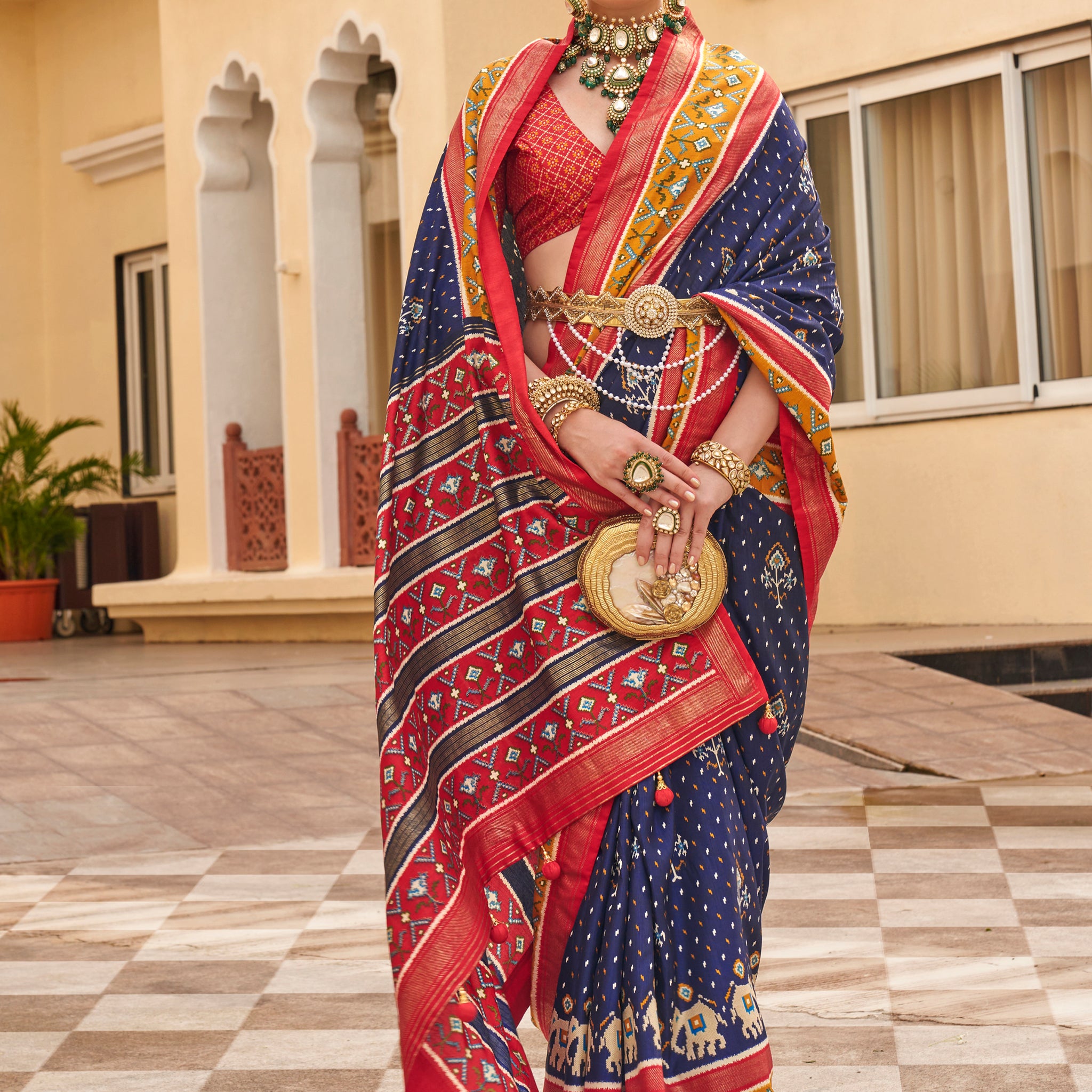 Lavish Navy Blue Patola Print Silk Festive Wear Saree With Blouse
