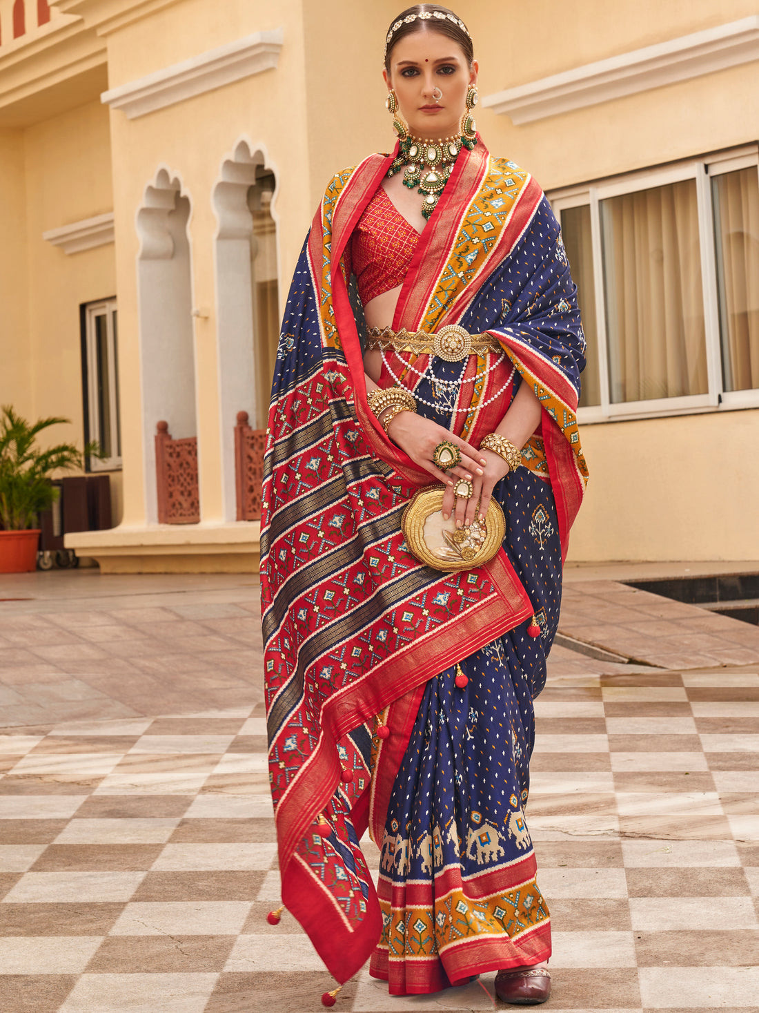 Lavish Navy Blue Patola Print Silk Festive Wear Saree With Blouse
