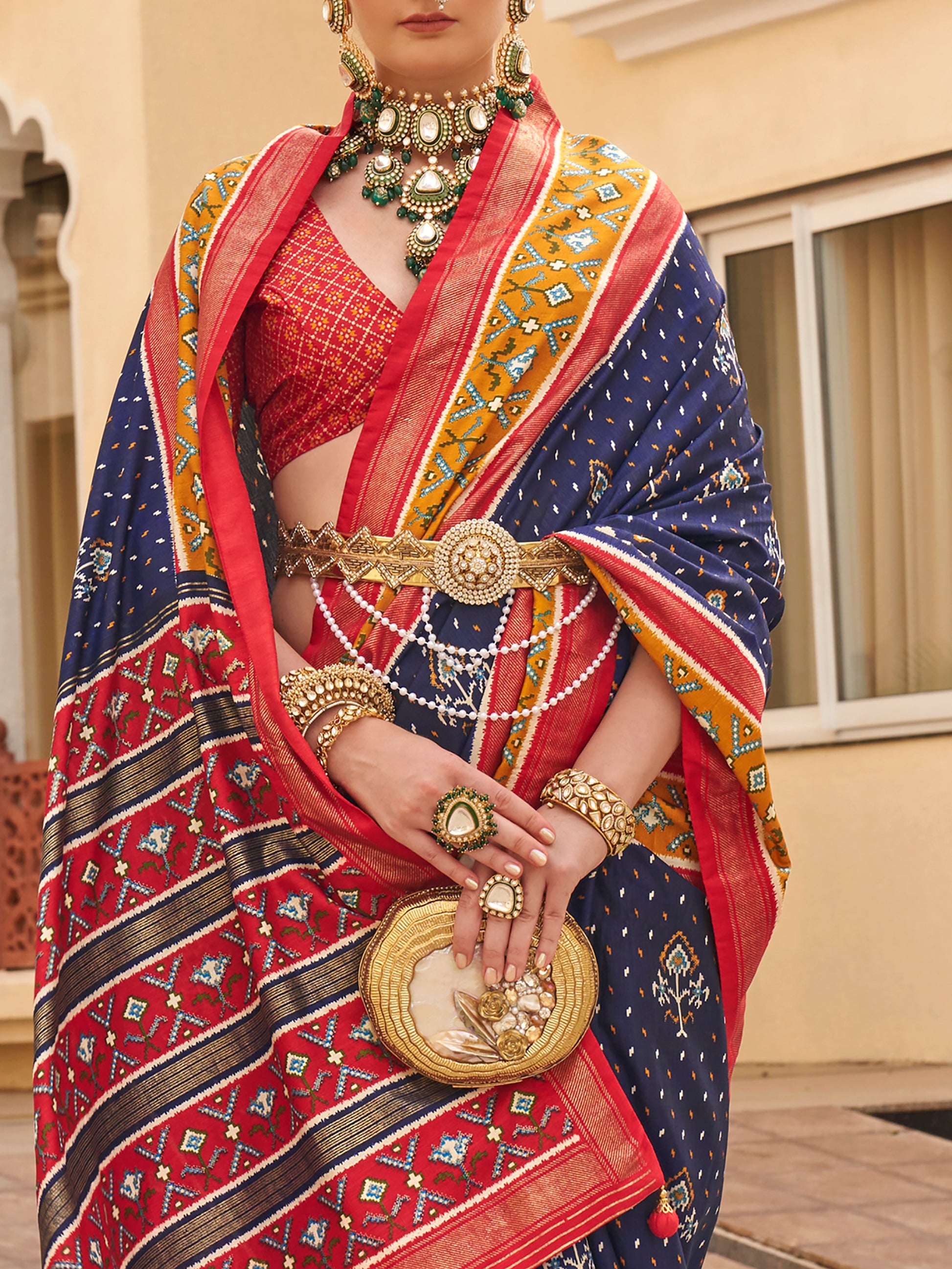 Lavish Navy Blue Patola Print Silk Festive Wear Saree With Blouse