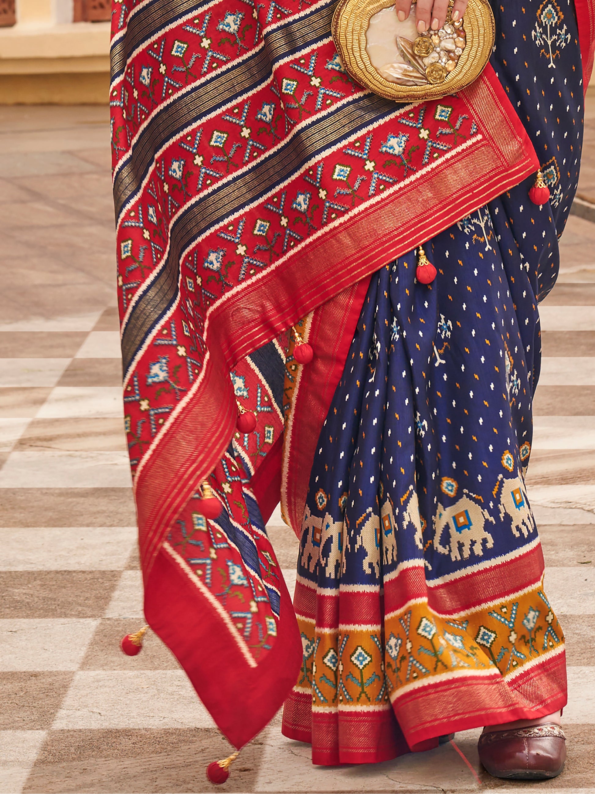 Lavish Navy Blue Patola Print Silk Festive Wear Saree With Blouse
