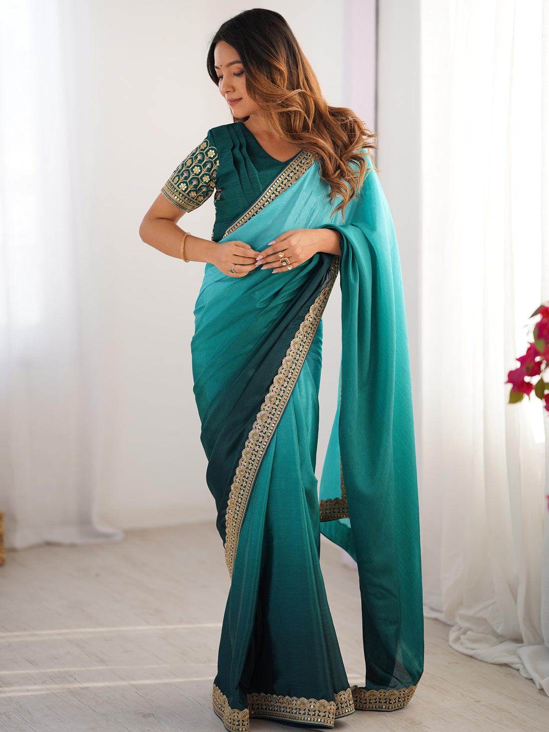 Charming Teal Blue Border Work Chinon Party Wear Saree With Blouse
