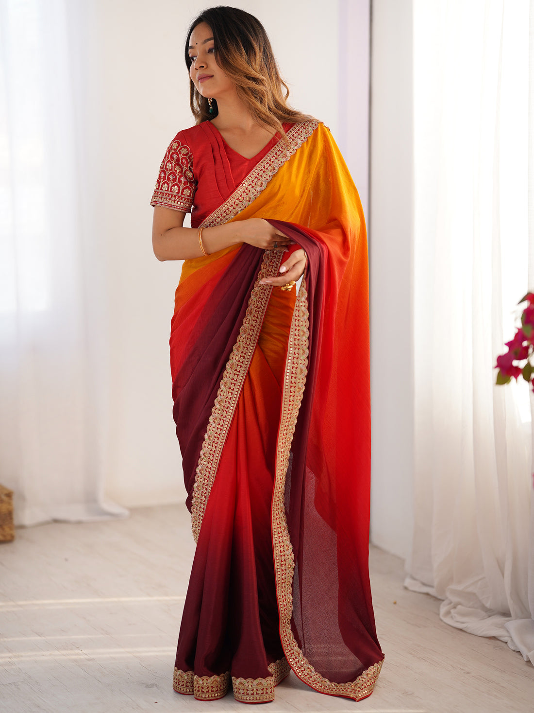 Stunning Multi-Color Border Work Chinon Festival Wear Saree
