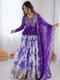 Adorable Purple Floral Printed Georgette Function Wear Lehenga Choli With Koti