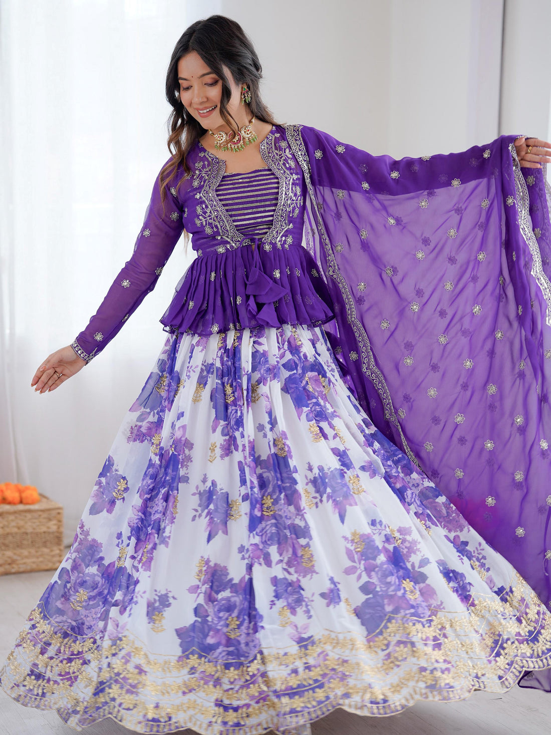 Adorable Purple Floral Printed Georgette Function Wear Lehenga Choli With Koti