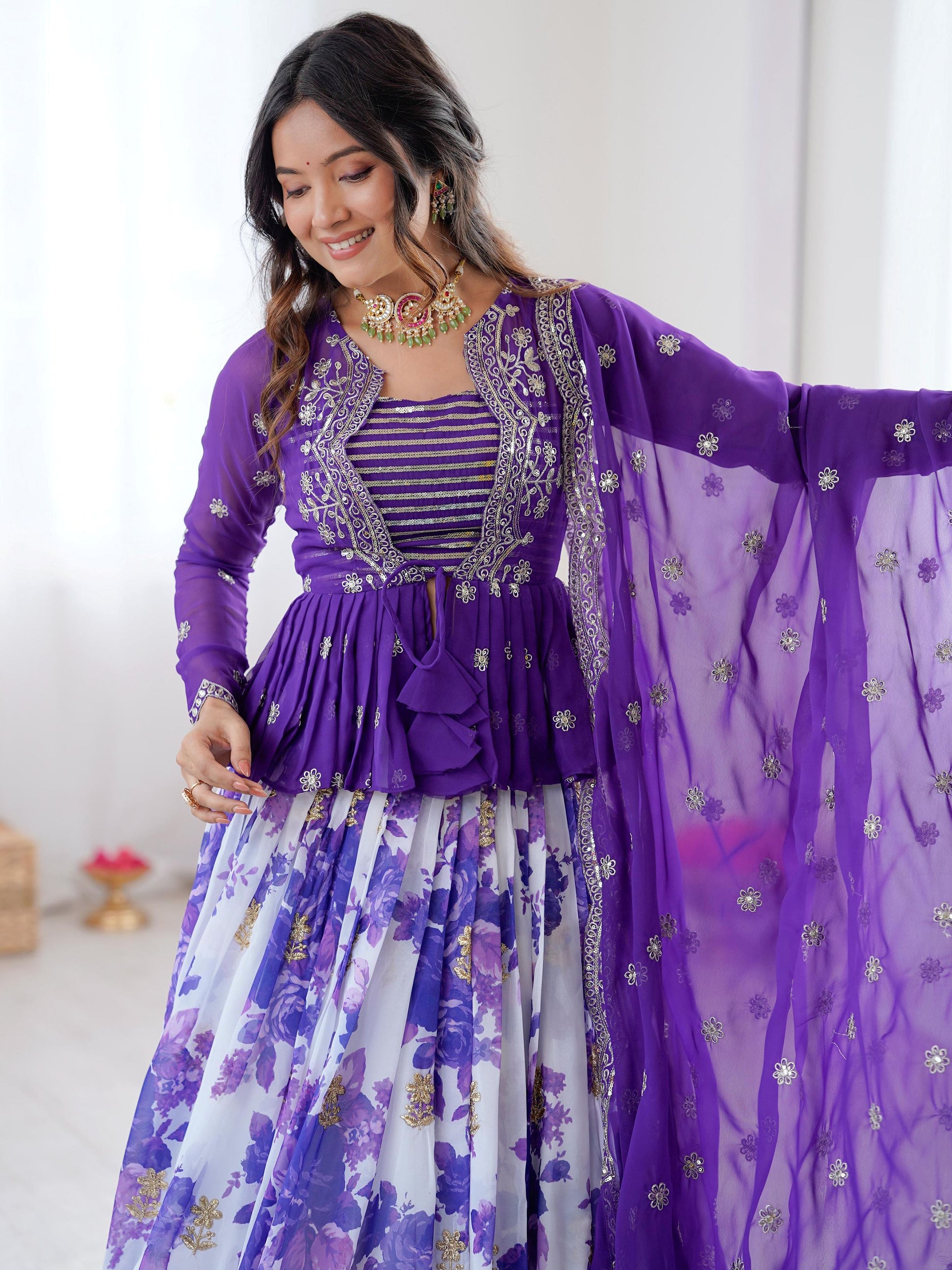 Adorable Purple Floral Printed Georgette Function Wear Lehenga Choli With Koti