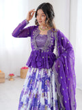 Adorable Purple Floral Printed Georgette Function Wear Lehenga Choli With Koti