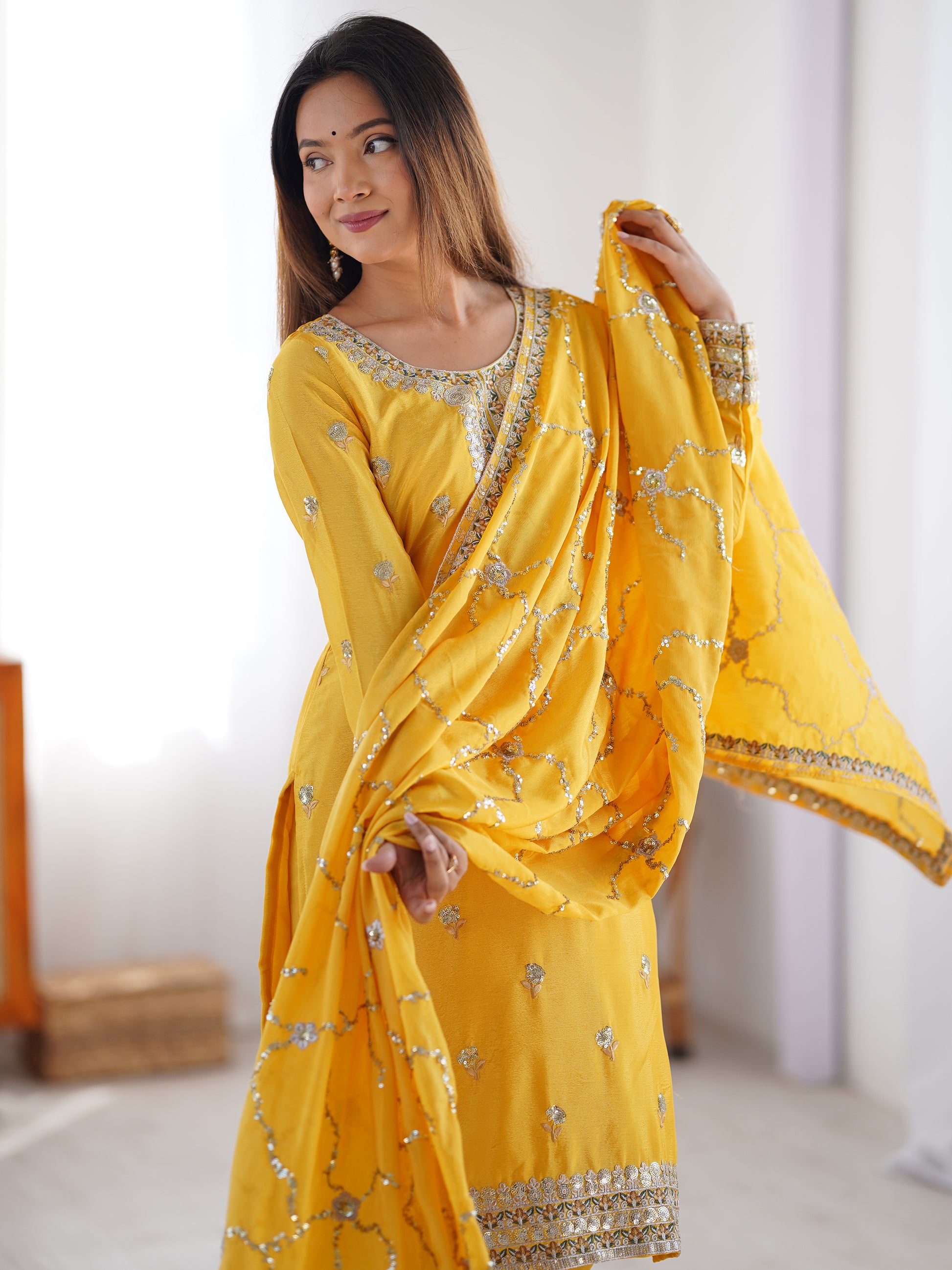 Wonderful Yellow Thread Work Chinon Festival Wear Pant Suit