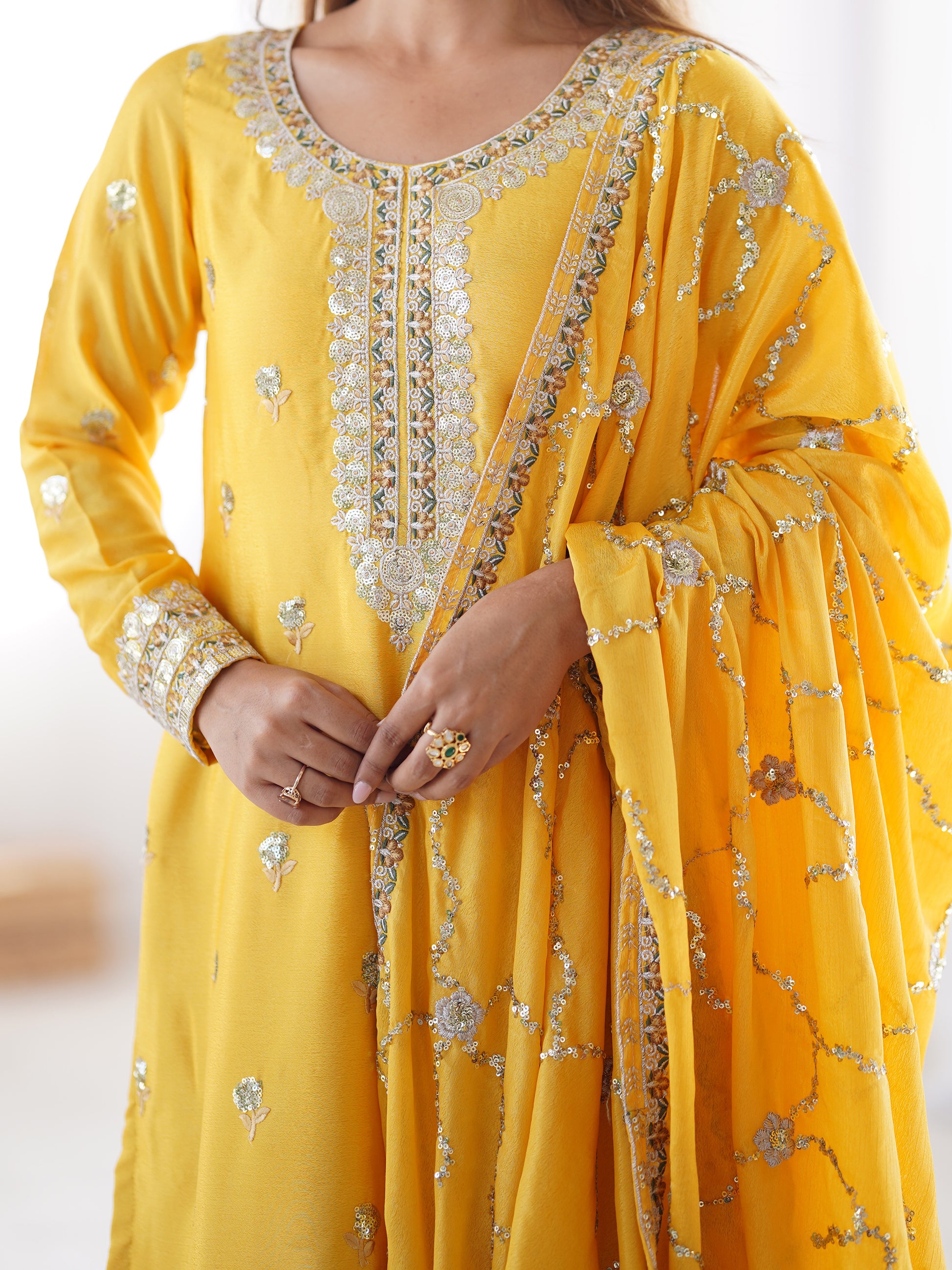 Wonderful Yellow Thread Work Chinon Festival Wear Pant Suit