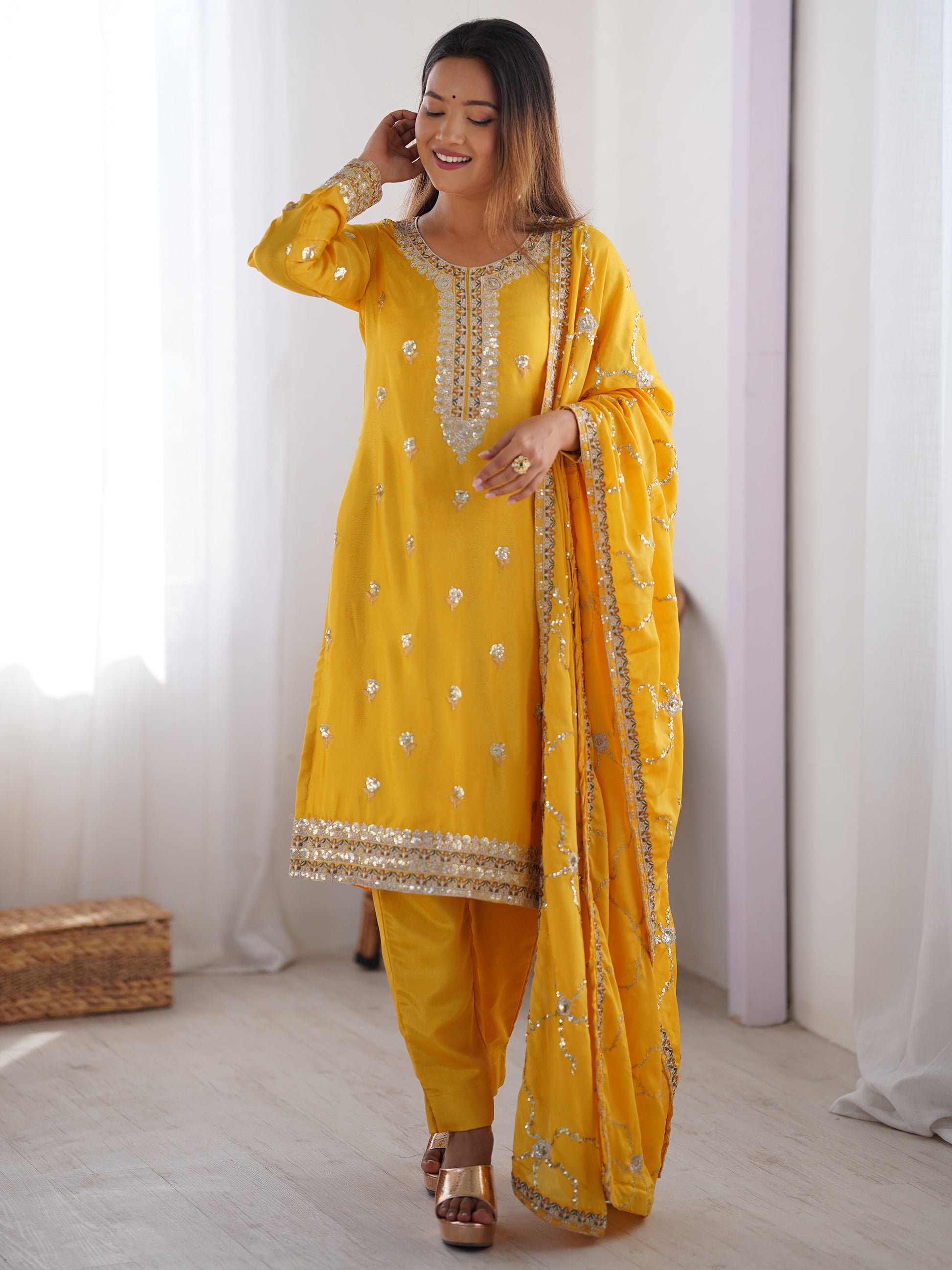 Wonderful Yellow Thread Work Chinon Festival Wear Pant Suit