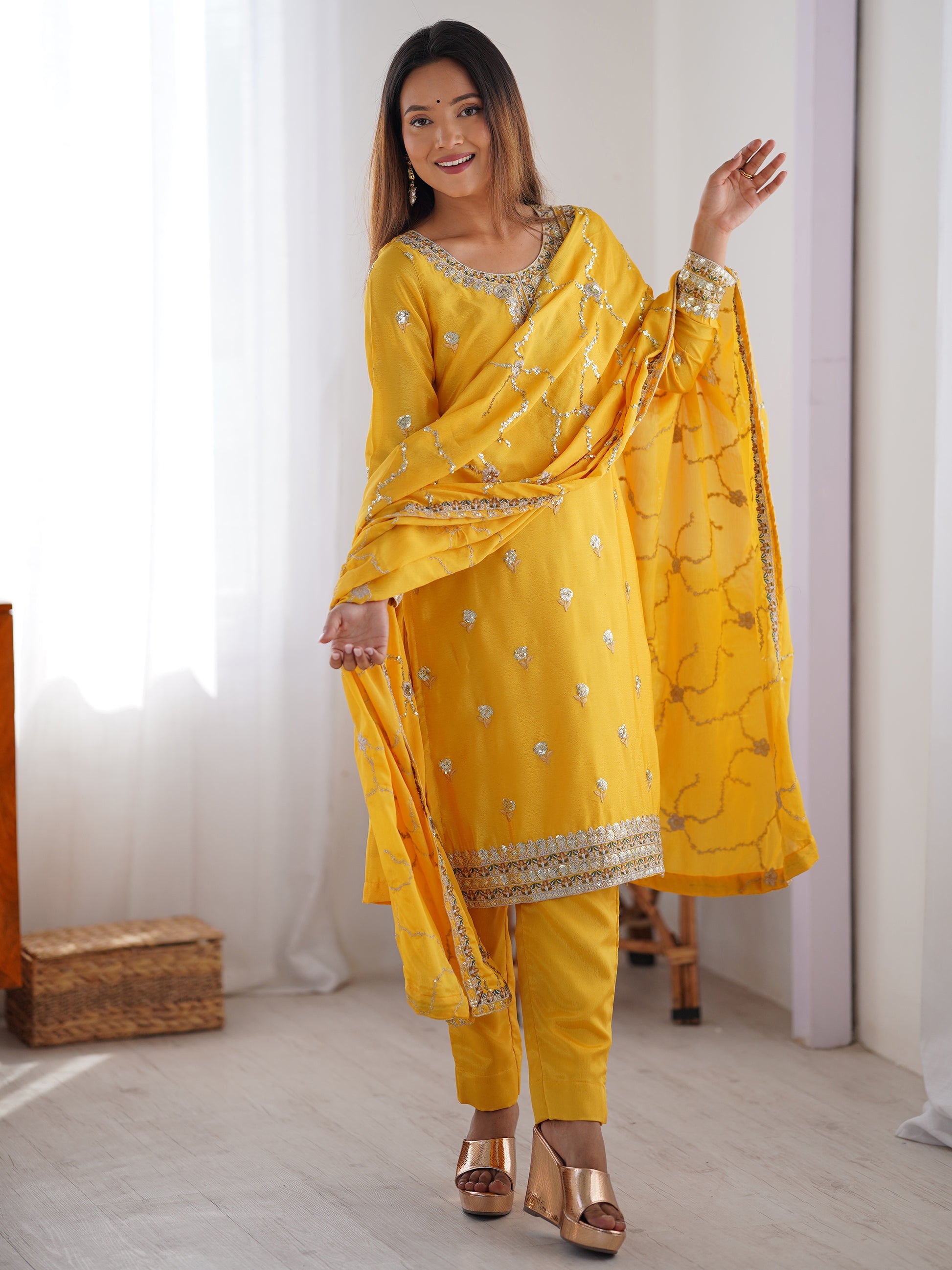 Wonderful Yellow Thread Work Chinon Festival Wear Pant Suit