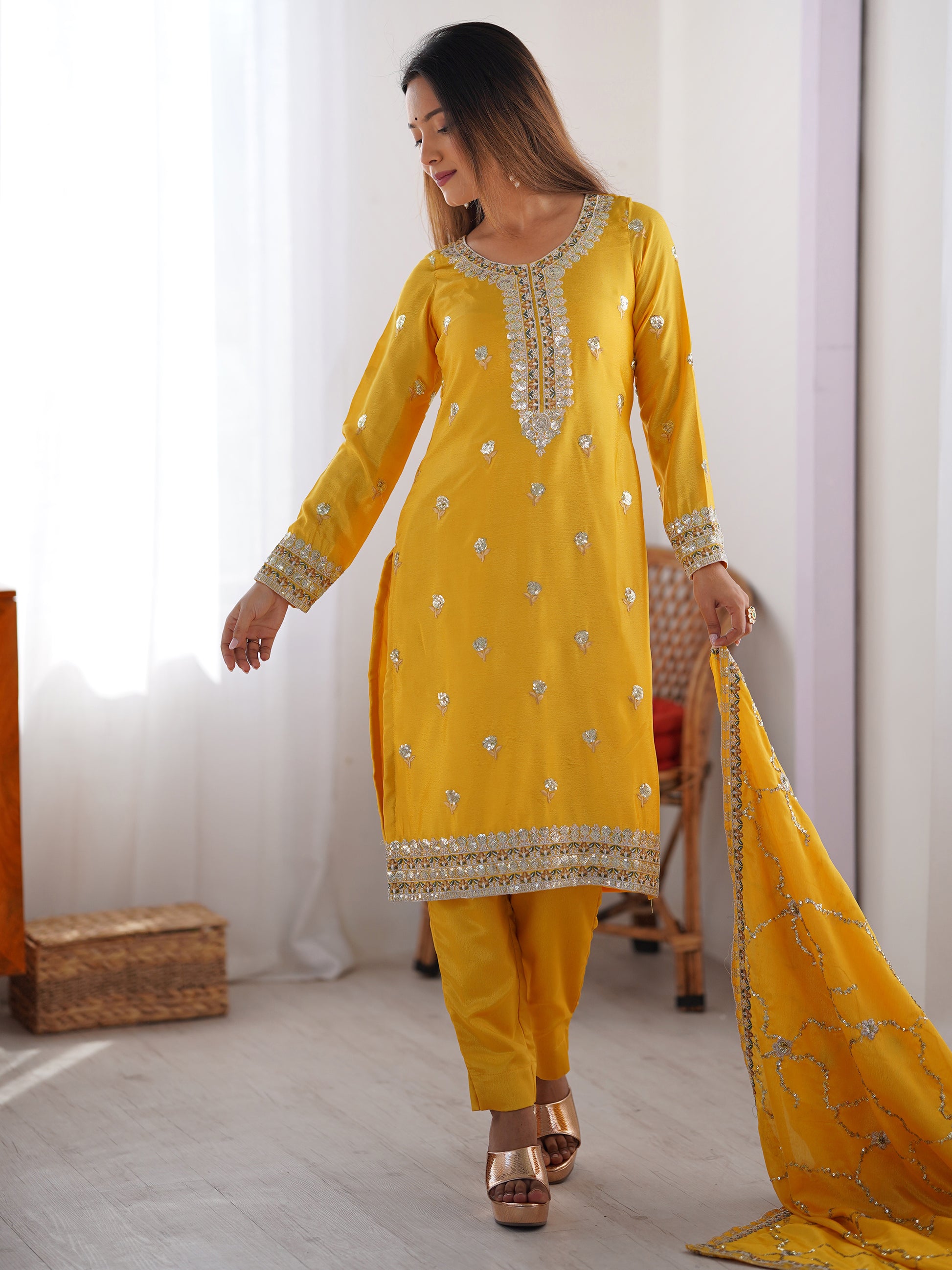 Wonderful Yellow Thread Work Chinon Festival Wear Pant Suit