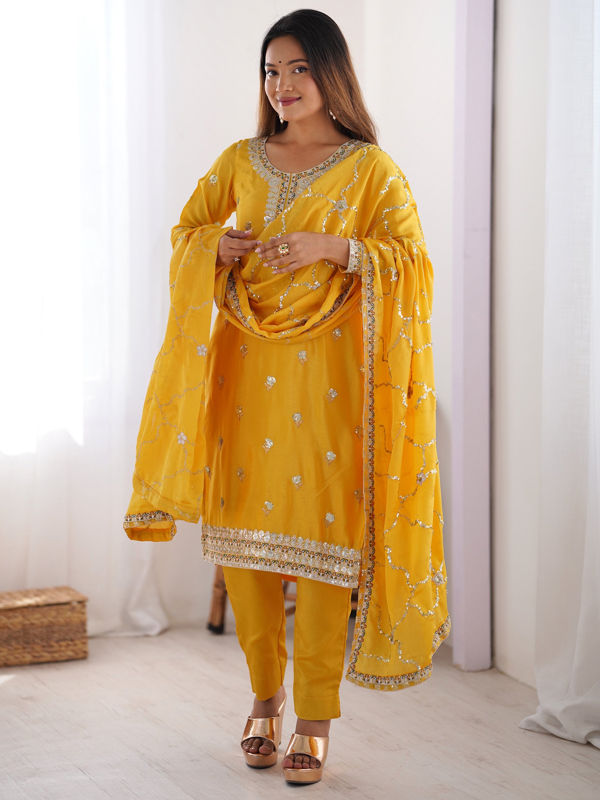 Wonderful Yellow Thread Work Chinon Festival Wear Pant Suit