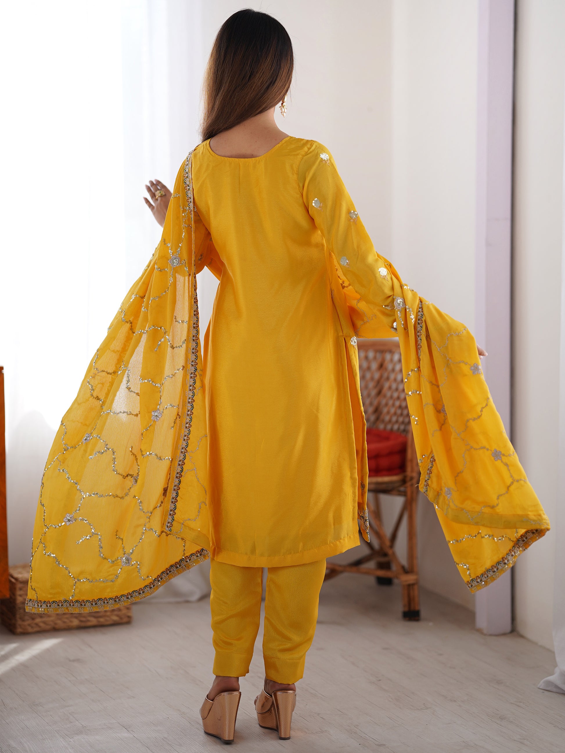 Wonderful Yellow Thread Work Chinon Festival Wear Pant Suit