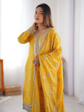 Wonderful Yellow Thread Work Chinon Festival Wear Pant Suit