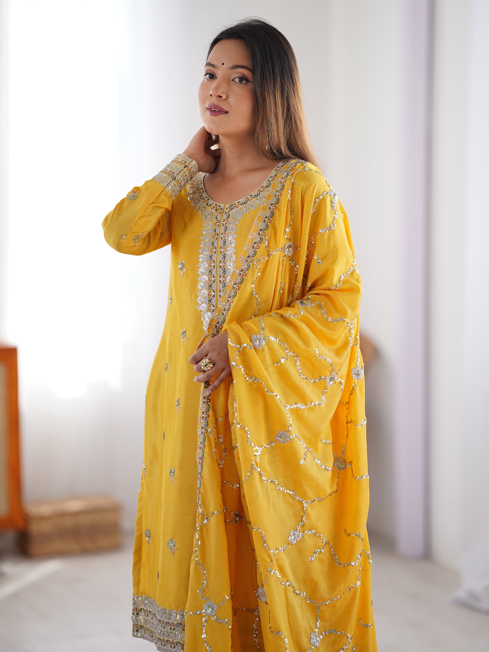 Wonderful Yellow Thread Work Chinon Festival Wear Pant Suit