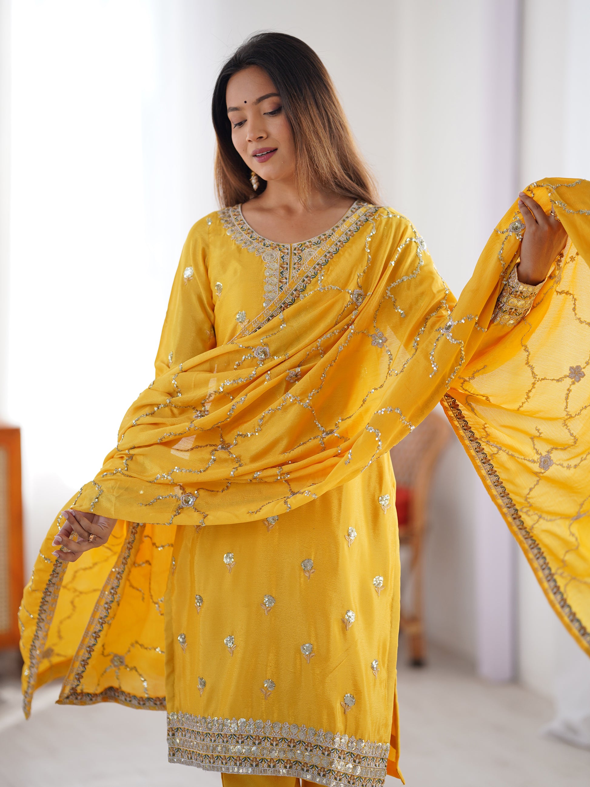 Wonderful Yellow Thread Work Chinon Festival Wear Pant Suit