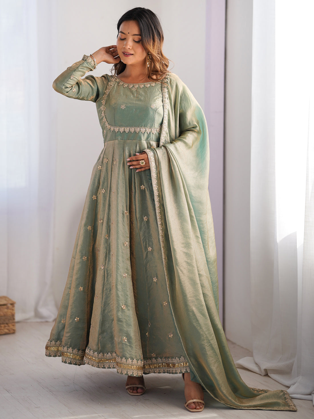 Spectacular Green Sequins Silk Traditional Gown With Dupatta