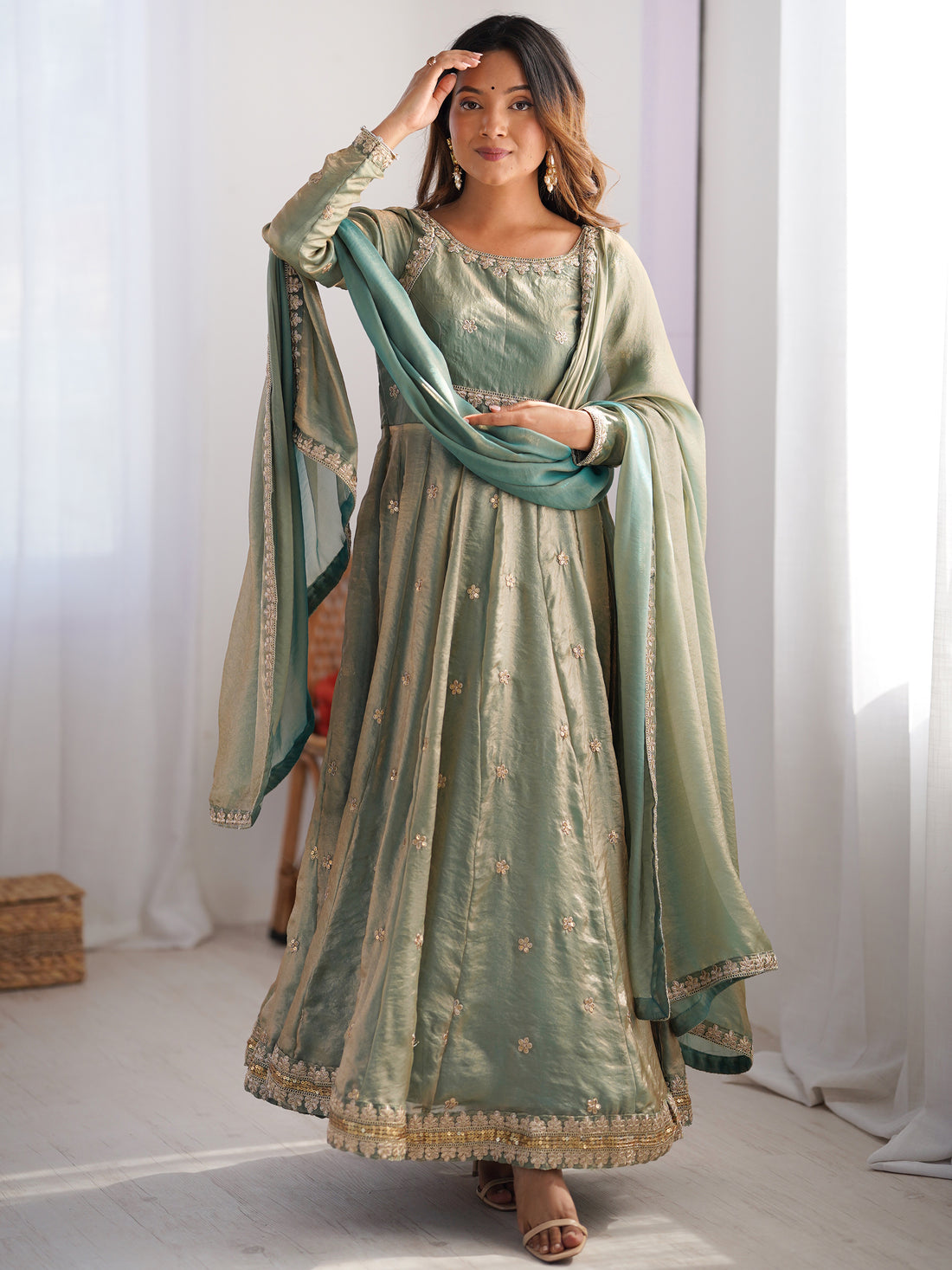 Spectacular Green Sequins Silk Traditional Gown With Dupatta