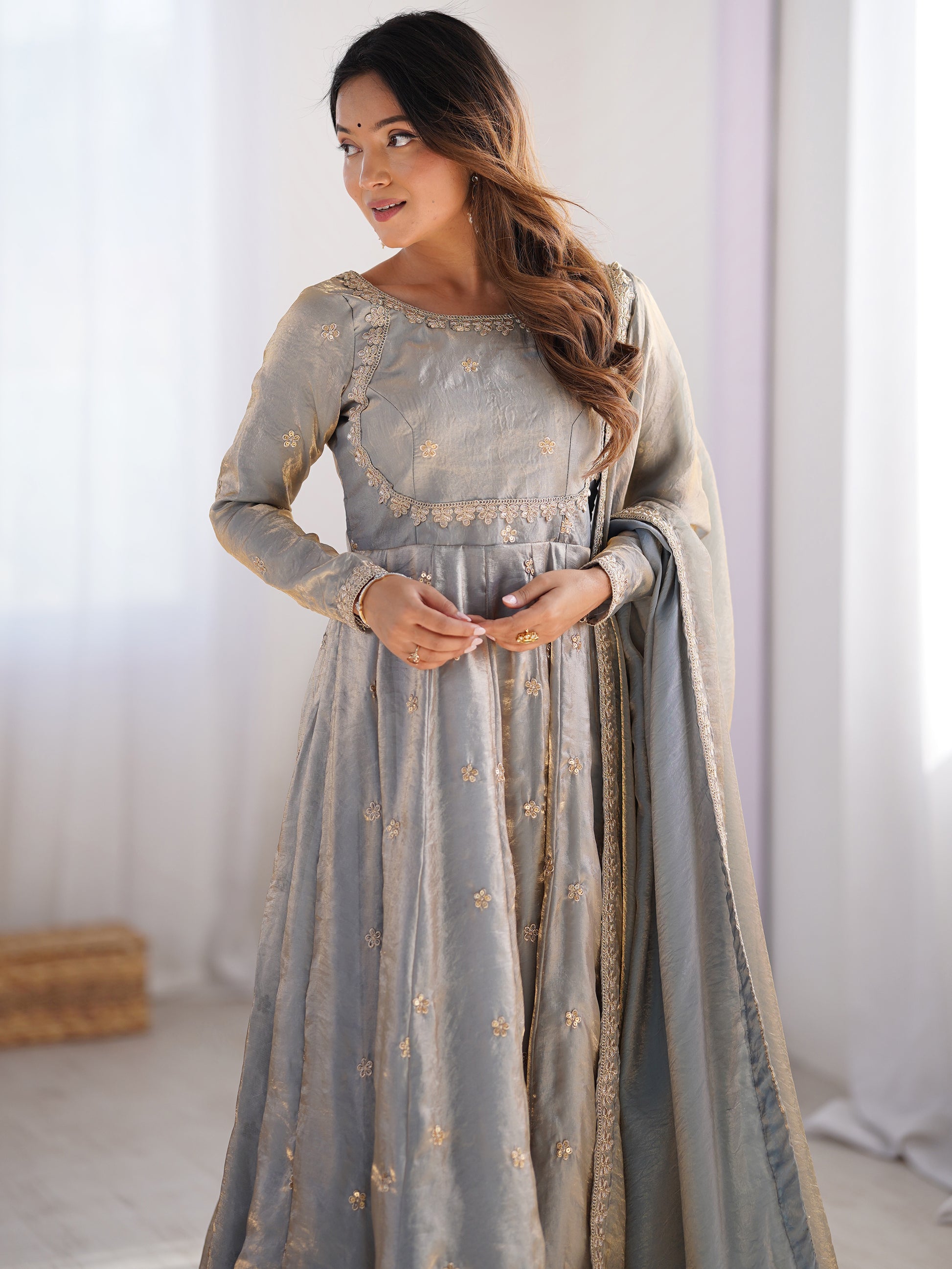 Fantastic Grey Sequins Silk Event Wear Gown With Dupatta