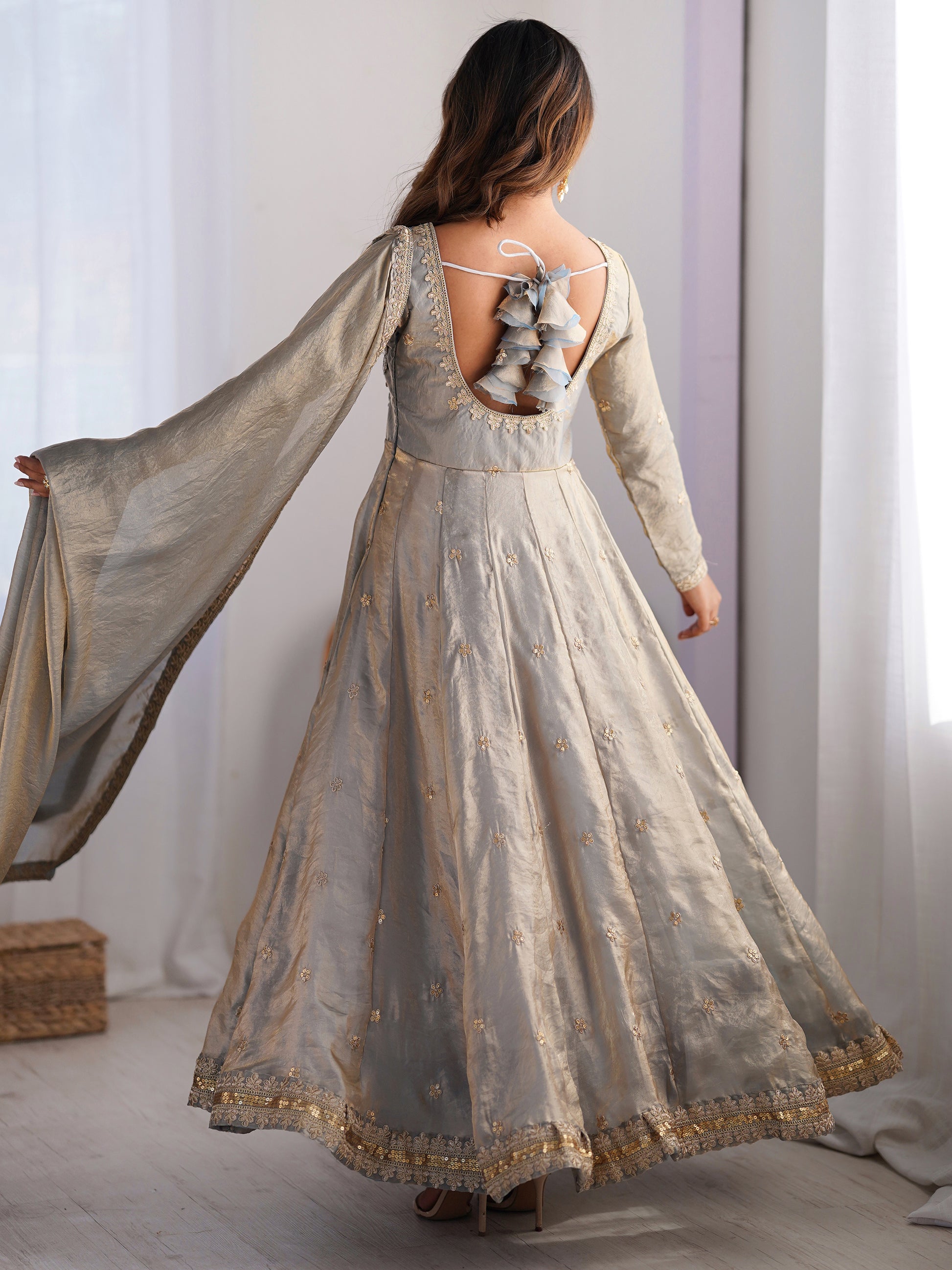 Fantastic Grey Sequins Silk Event Wear Gown With Dupatta