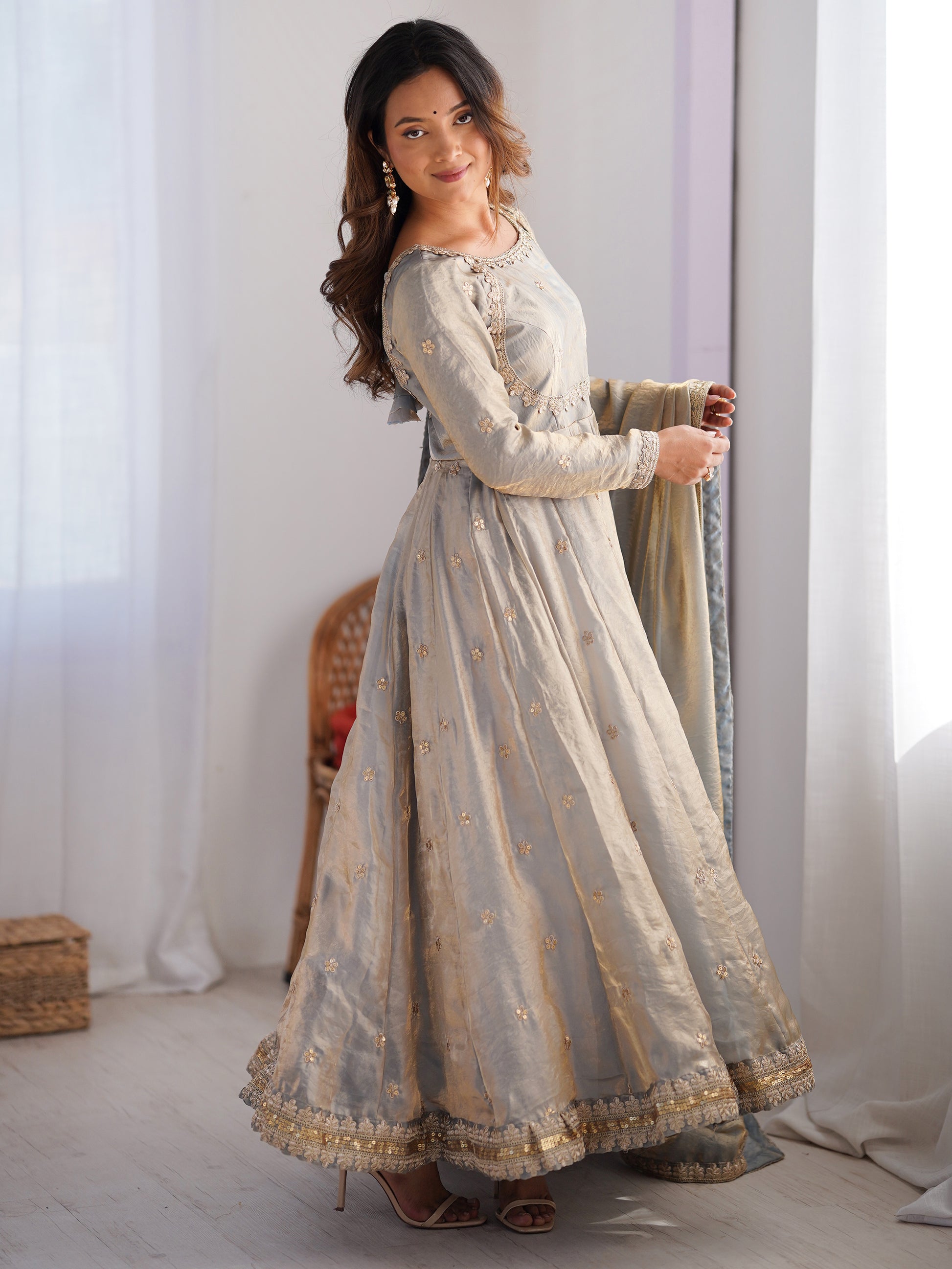 Fantastic Grey Sequins Silk Event Wear Gown With Dupatta