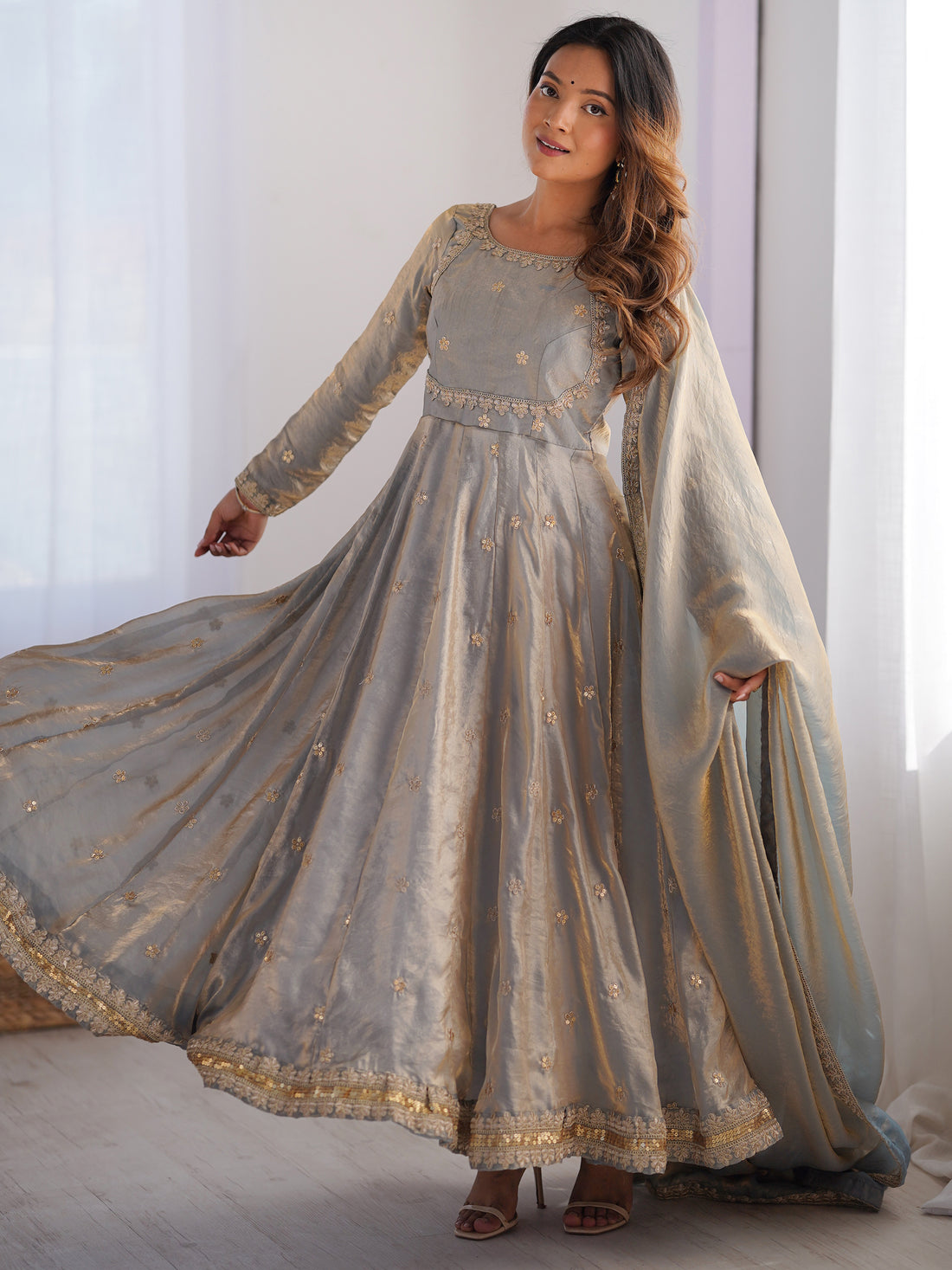 Fantastic Grey Sequins Silk Event Wear Gown With Dupatta