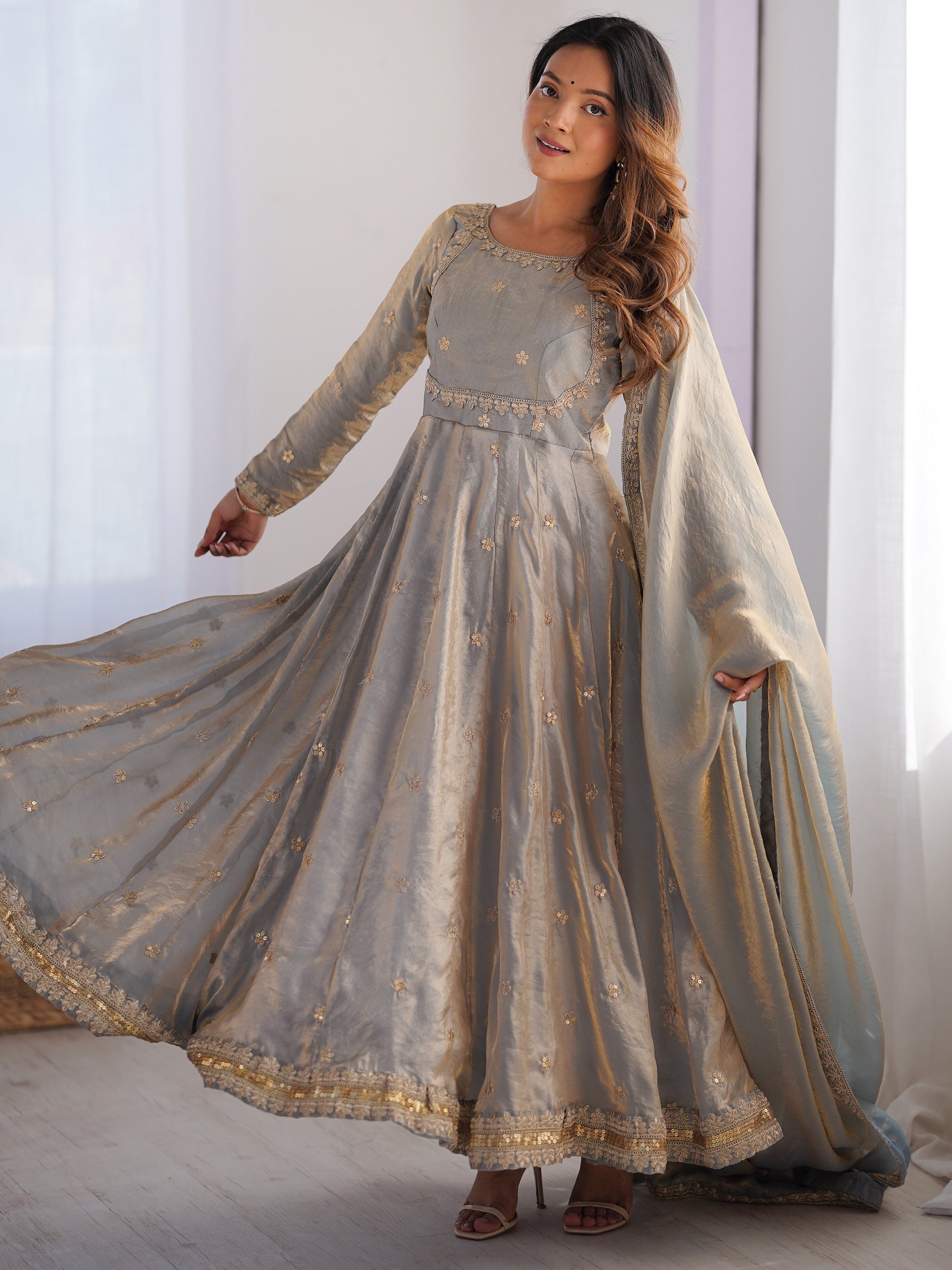 Fantastic Grey Sequins Silk Event Wear Gown With Dupatta