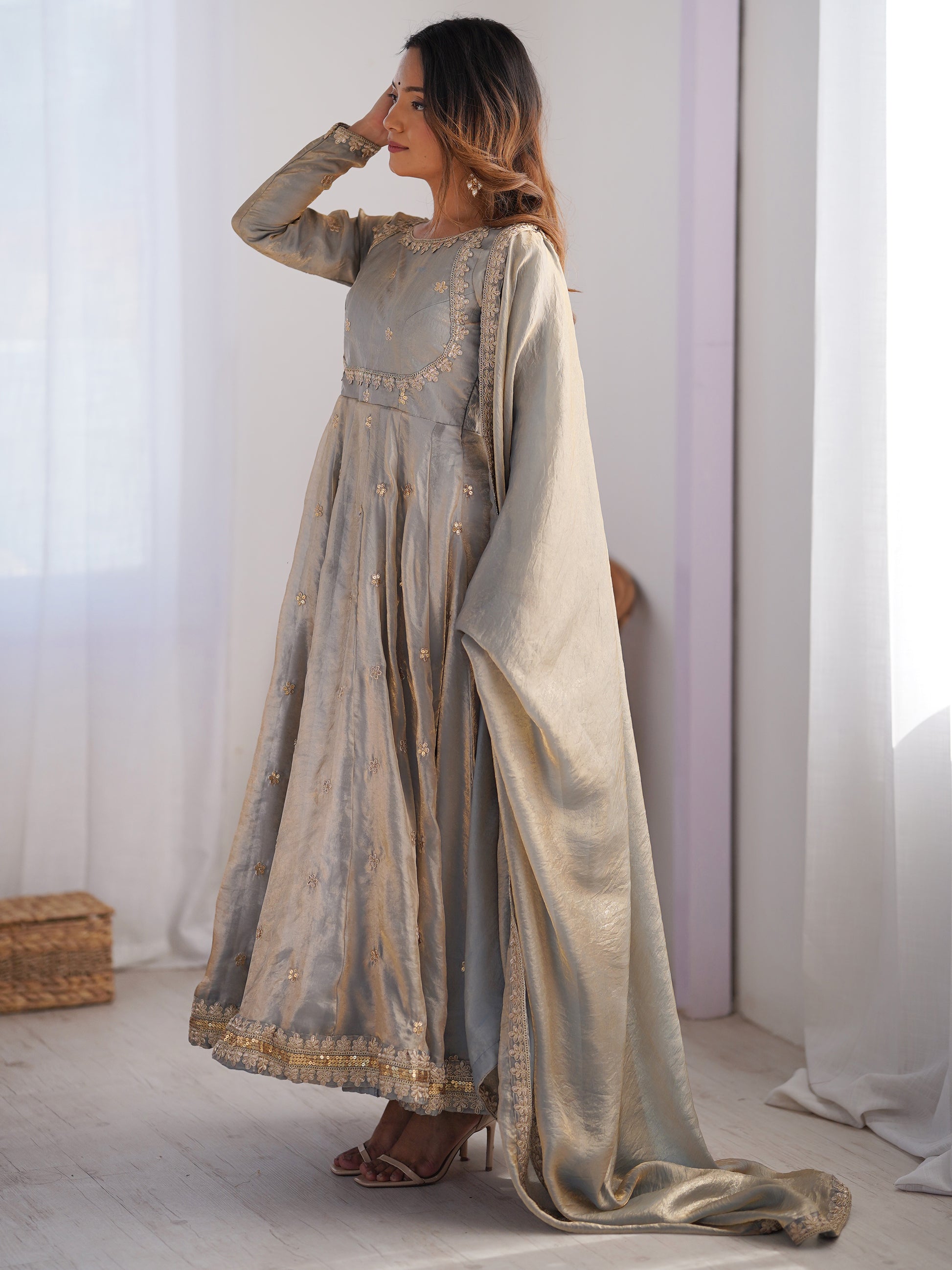 Fantastic Grey Sequins Silk Event Wear Gown With Dupatta