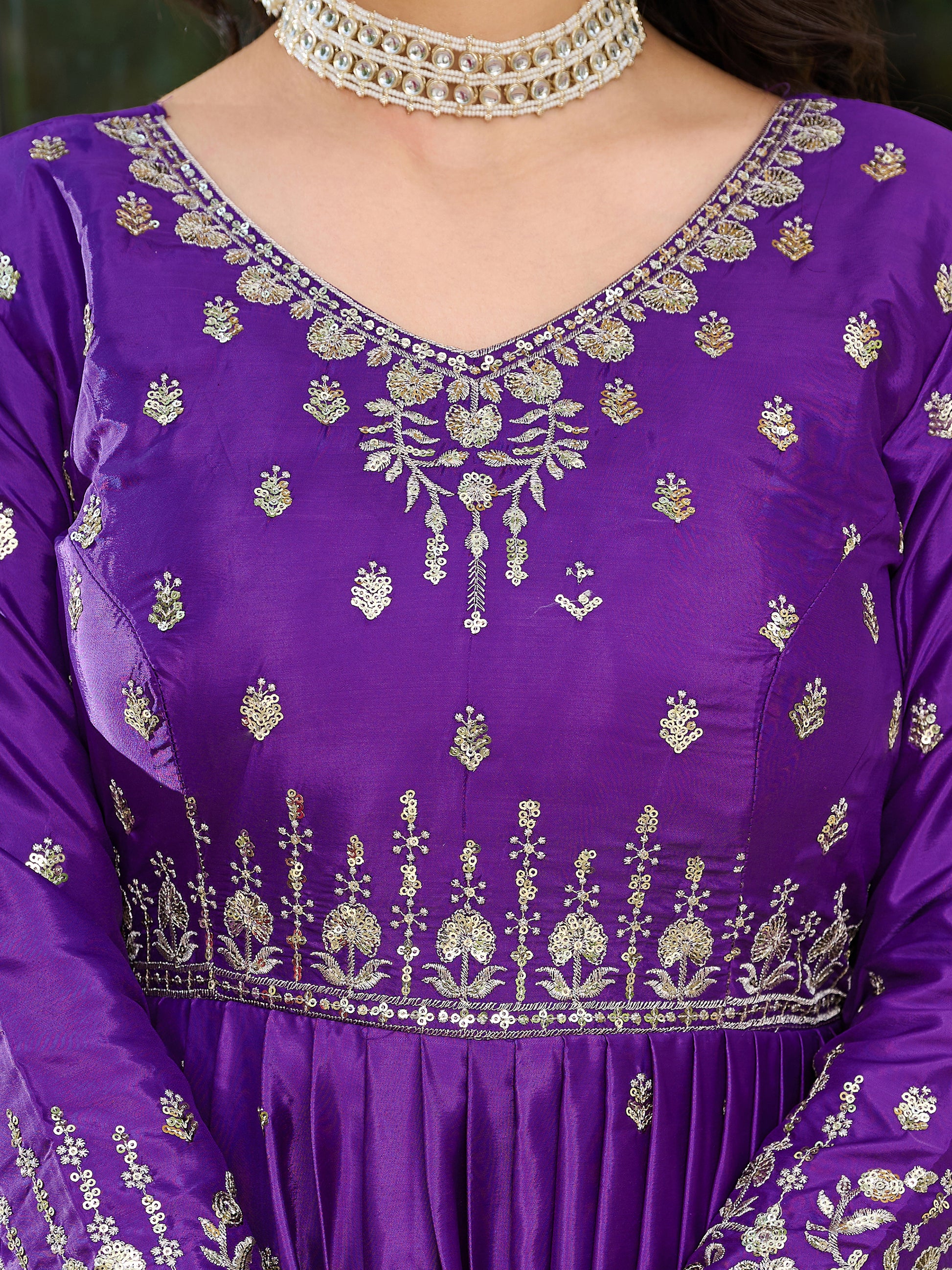 Beautiful Purple Thread Work Silk Festival Wear Gown With dupatta