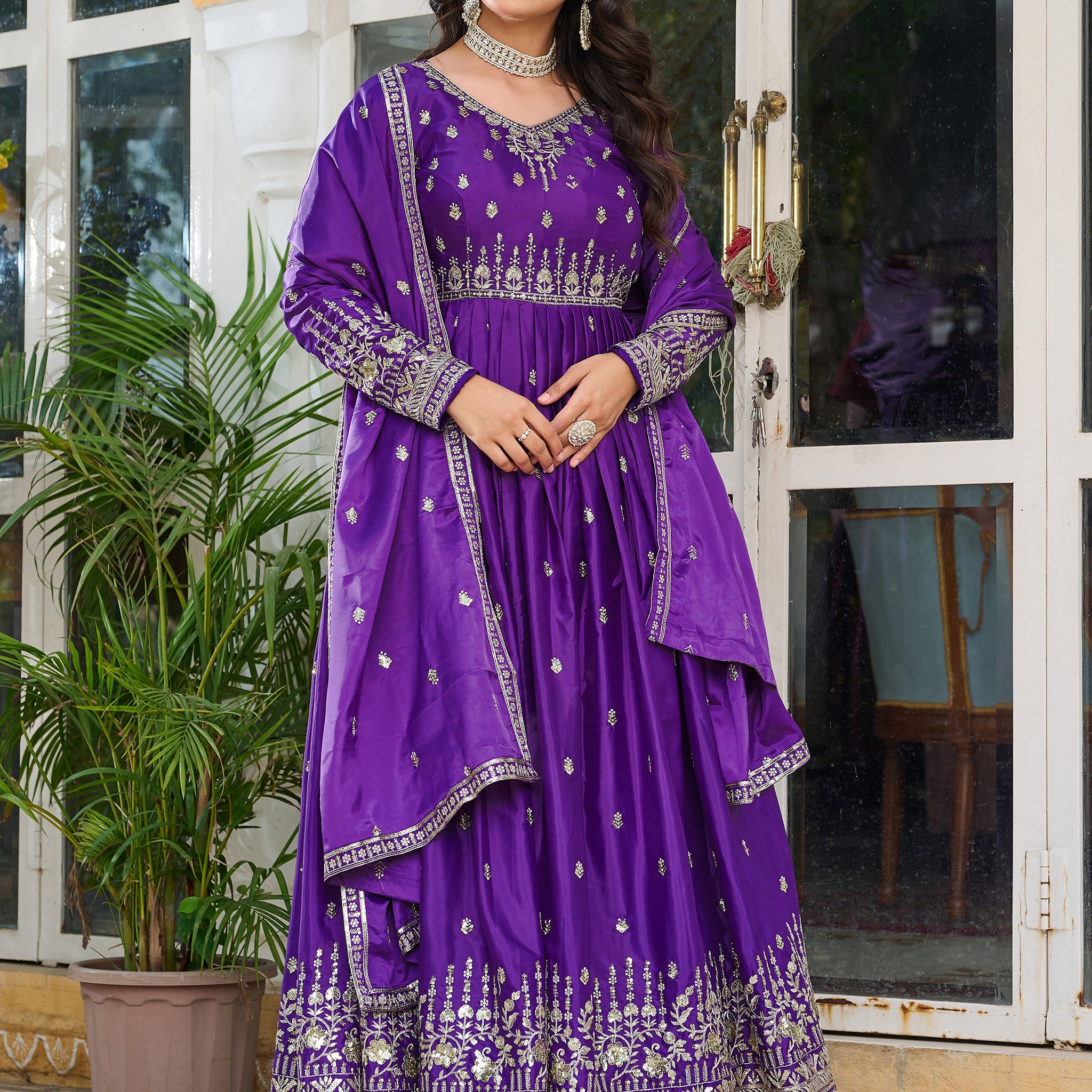 Beautiful Purple Thread Work Silk Festival Wear Gown With dupatta