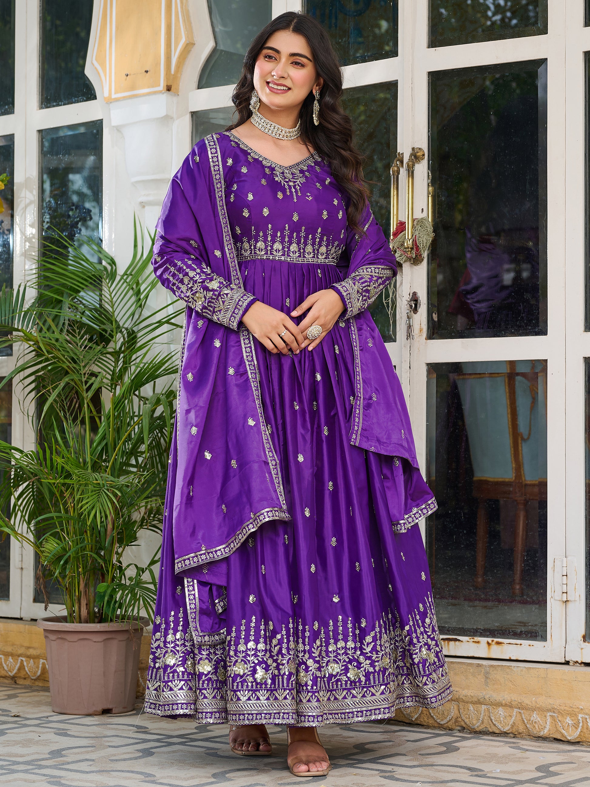 Beautiful Purple Thread Work Silk Festival Wear Gown With dupatta
