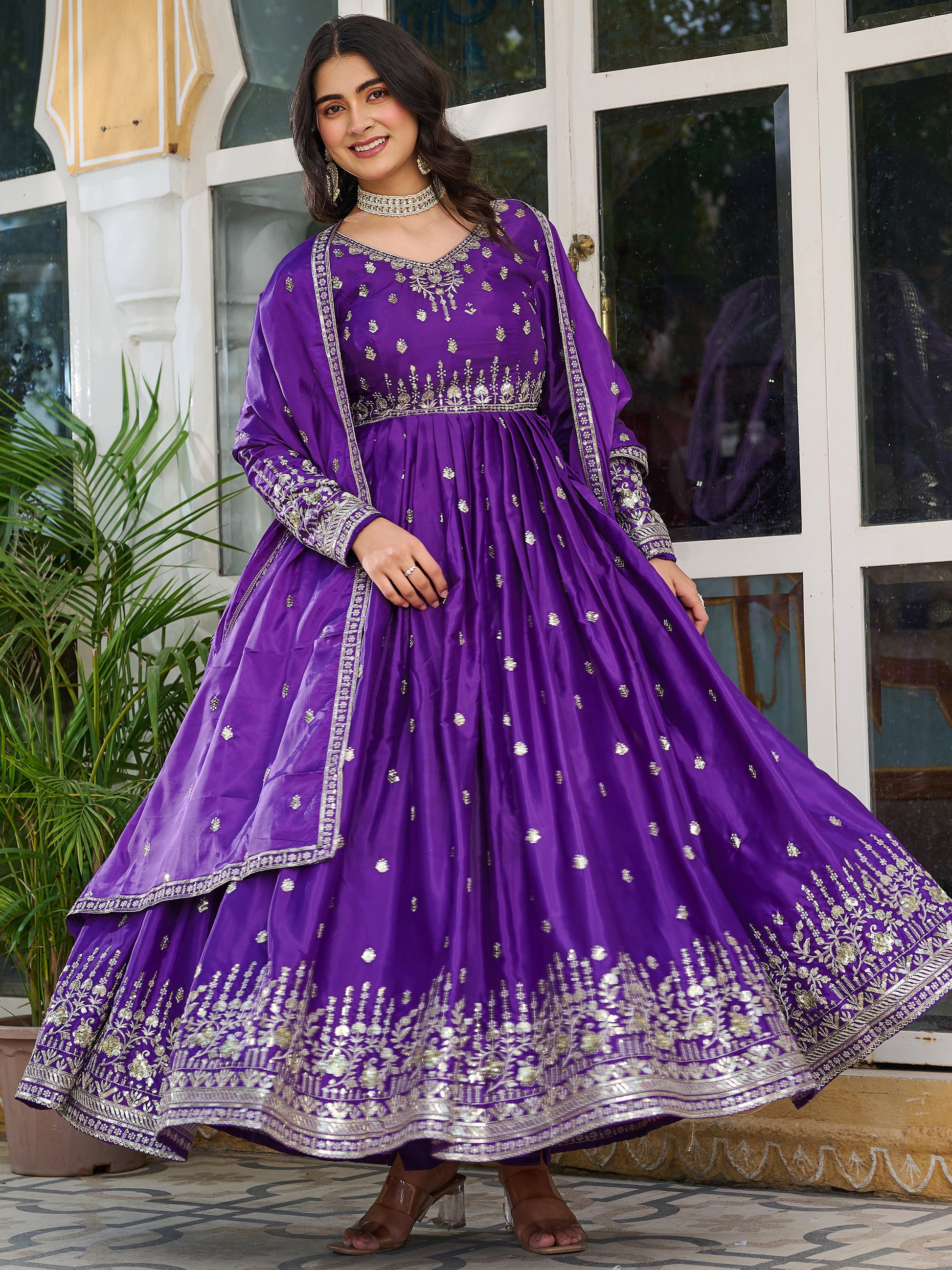 Beautiful Purple Thread Work Silk Festival Wear Gown With dupatta