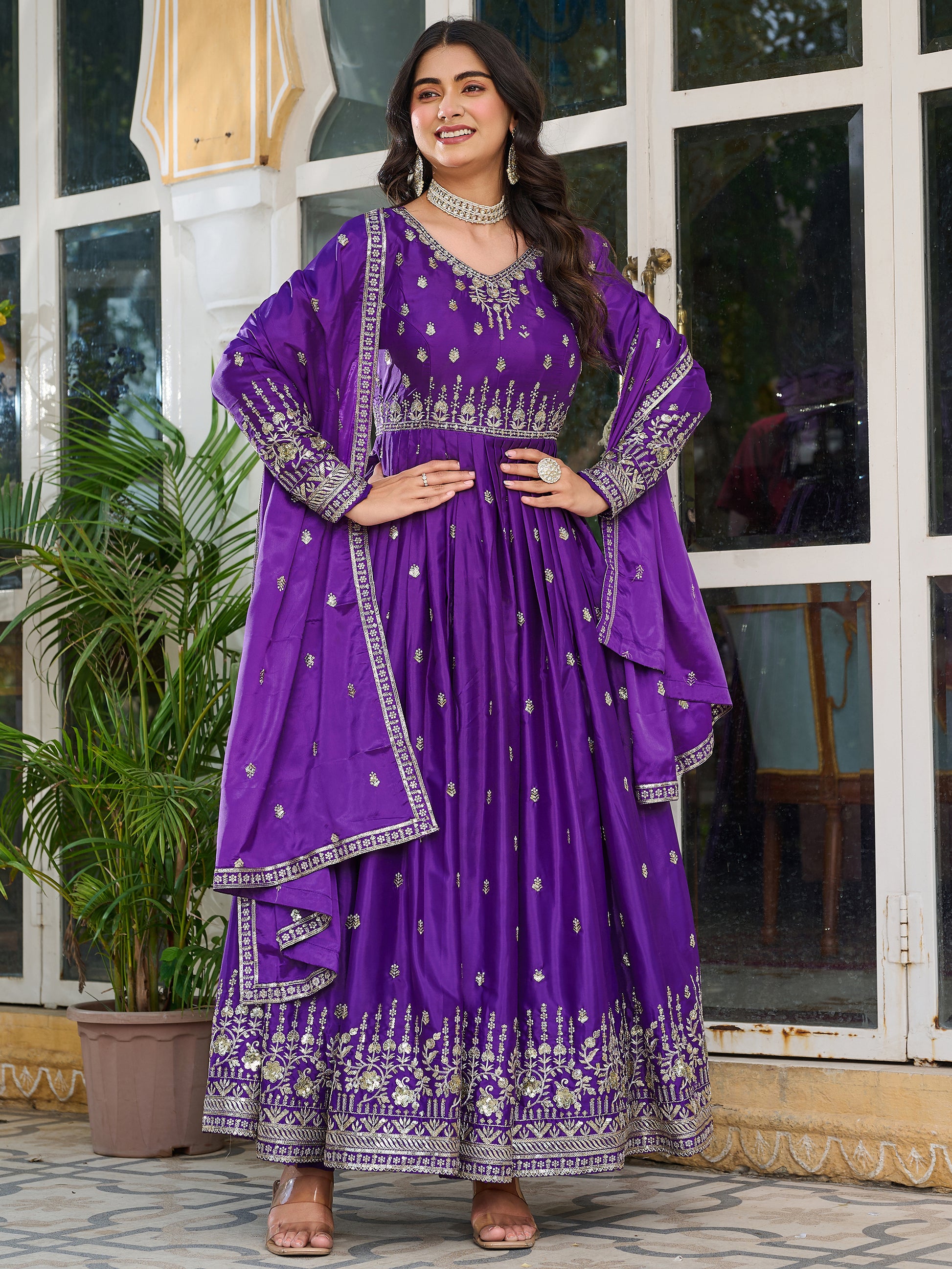 Beautiful Purple Thread Work Silk Festival Wear Gown With dupatta