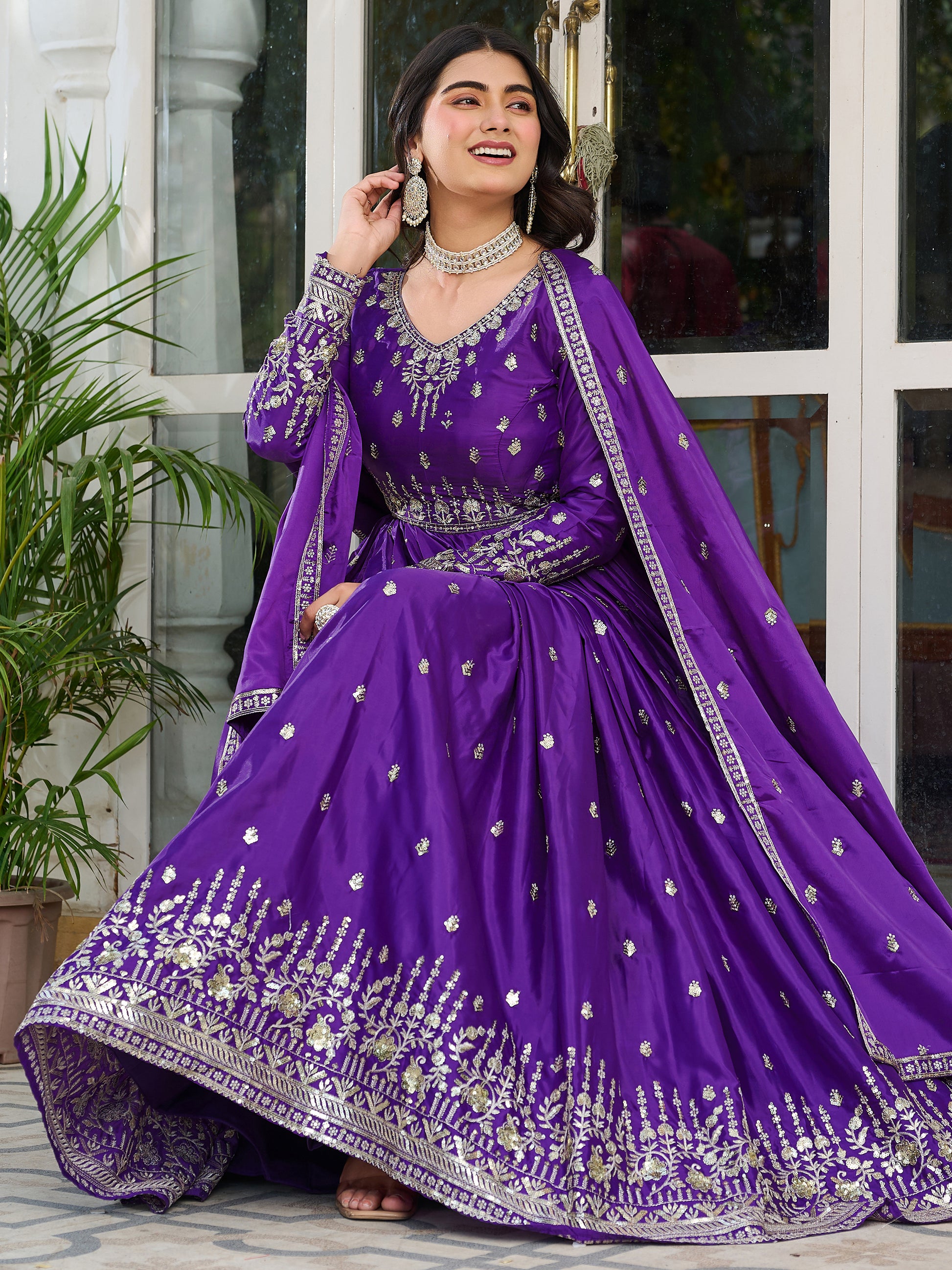 Beautiful Purple Thread Work Silk Festival Wear Gown With dupatta