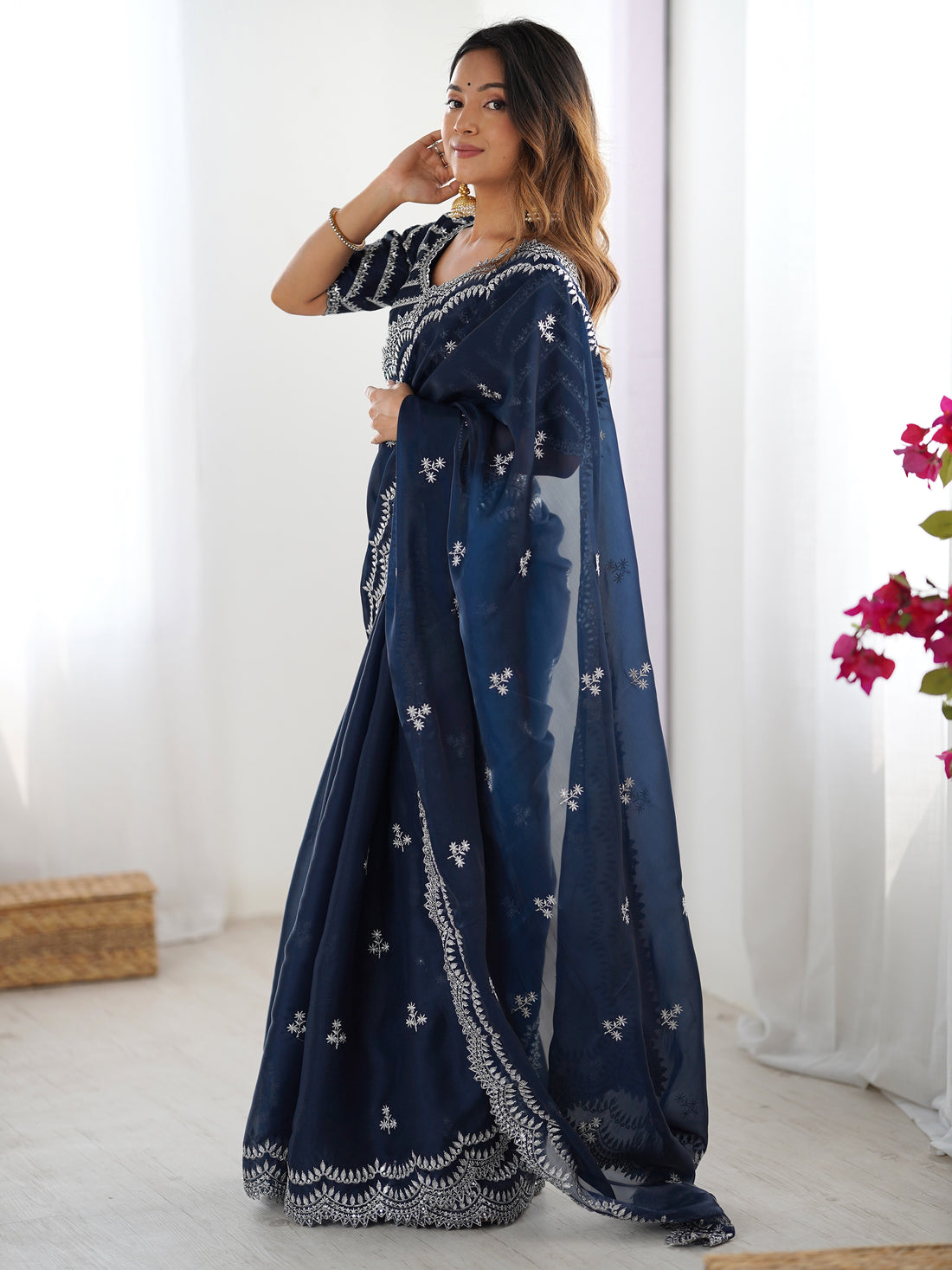 Excellent Blue Sequins Organza Party Wear Saree With Blouse