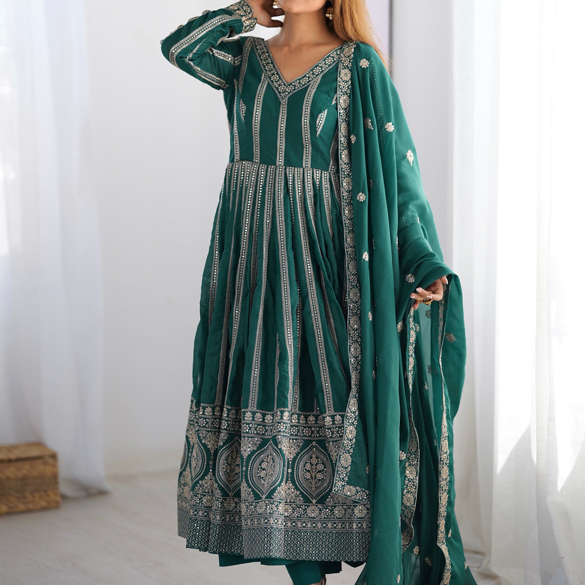 Charming Green Thread Work Georgette Festival Wear Suit Pant