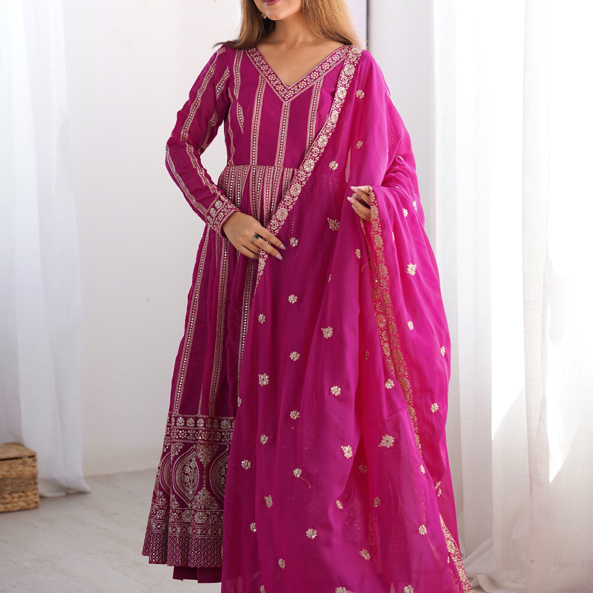 Beautiful Pink Thread Work Georgette Event Wear Suit Pant