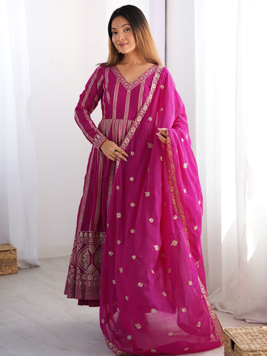 Beautiful Pink Thread Work Georgette Event Wear Suit Pant