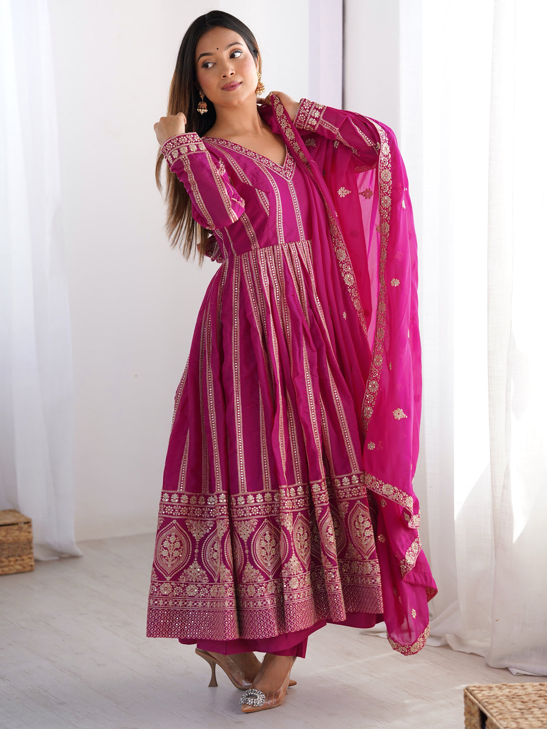 Beautiful Pink Thread Work Georgette Event Wear Suit Pant