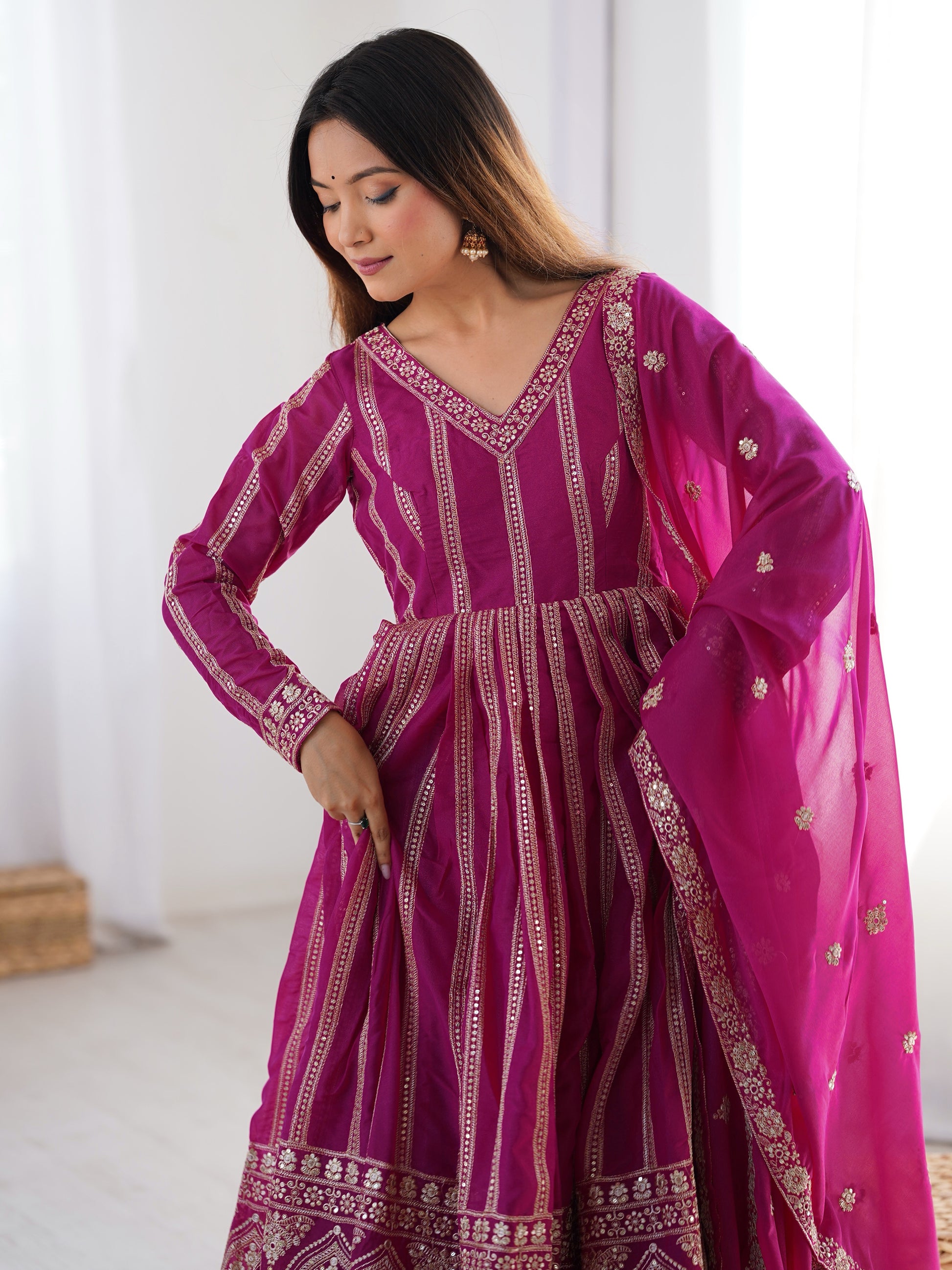 Beautiful Pink Thread Work Georgette Event Wear Suit Pant