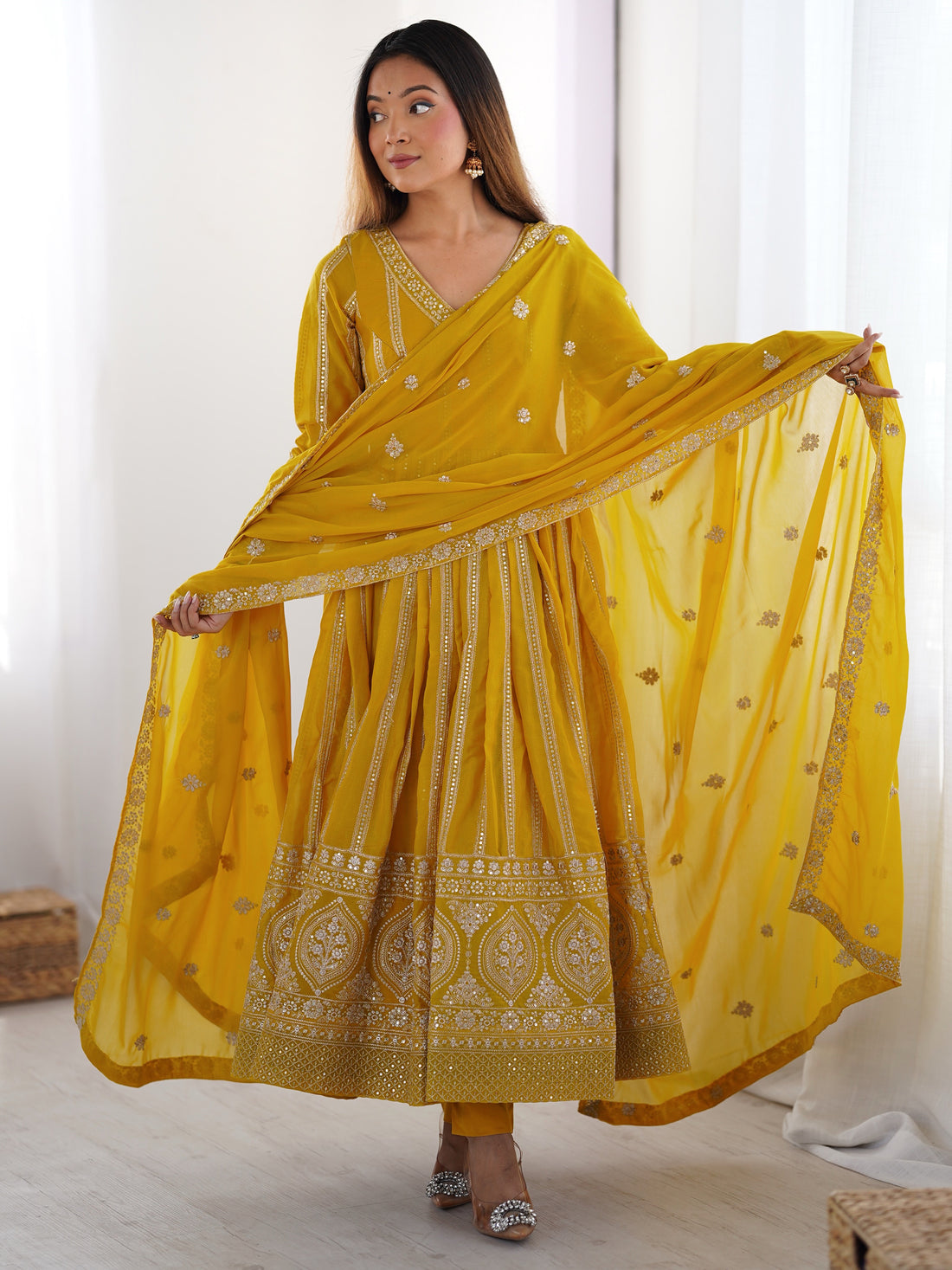 Captivating Yellow Sequins Georgette Haldi Wear Suit Pant With Dupatta