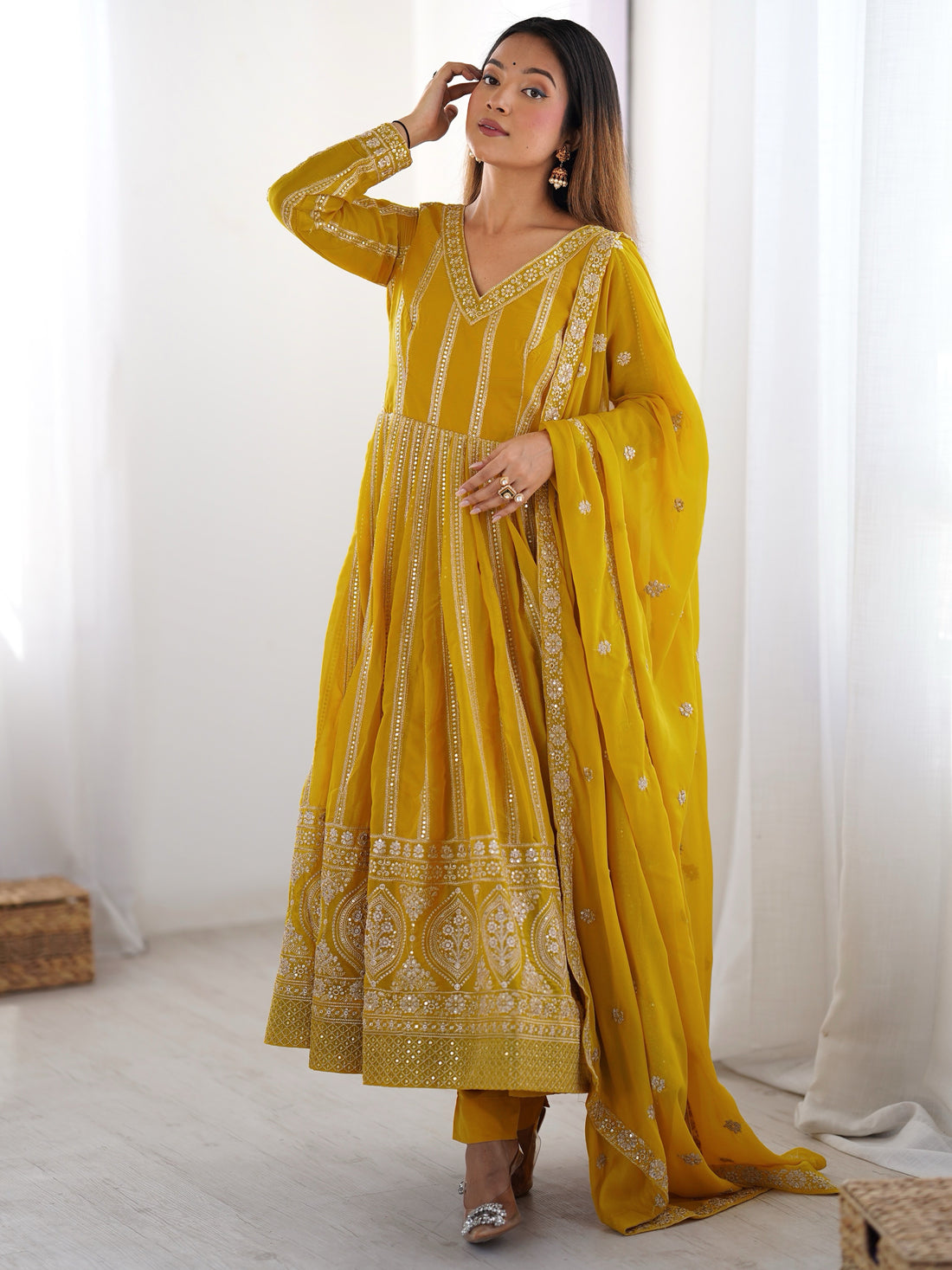 Captivating Yellow Sequins Georgette Haldi Wear Suit Pant With Dupatta
