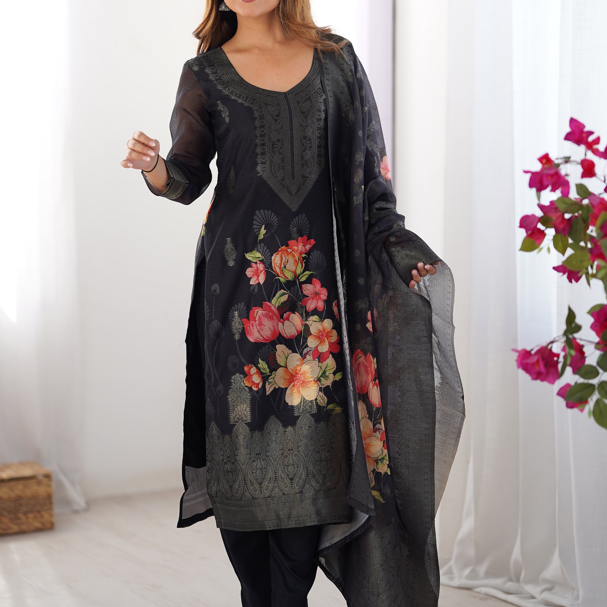 Dazzling Black Floral Printed Chanderi Traditional Pant Suit With Dupatta