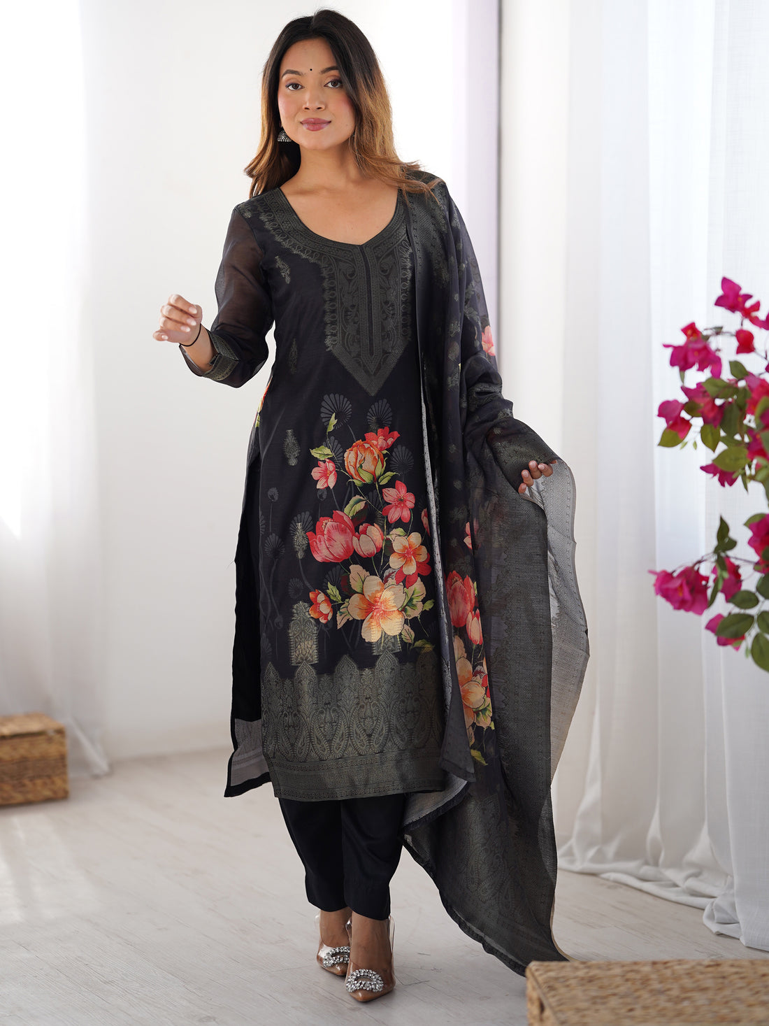 Dazzling Black Floral Printed Chanderi Traditional Pant Suit With Dupatta