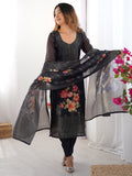 Dazzling Black Floral Printed Chanderi Traditional Pant Suit With Dupatta