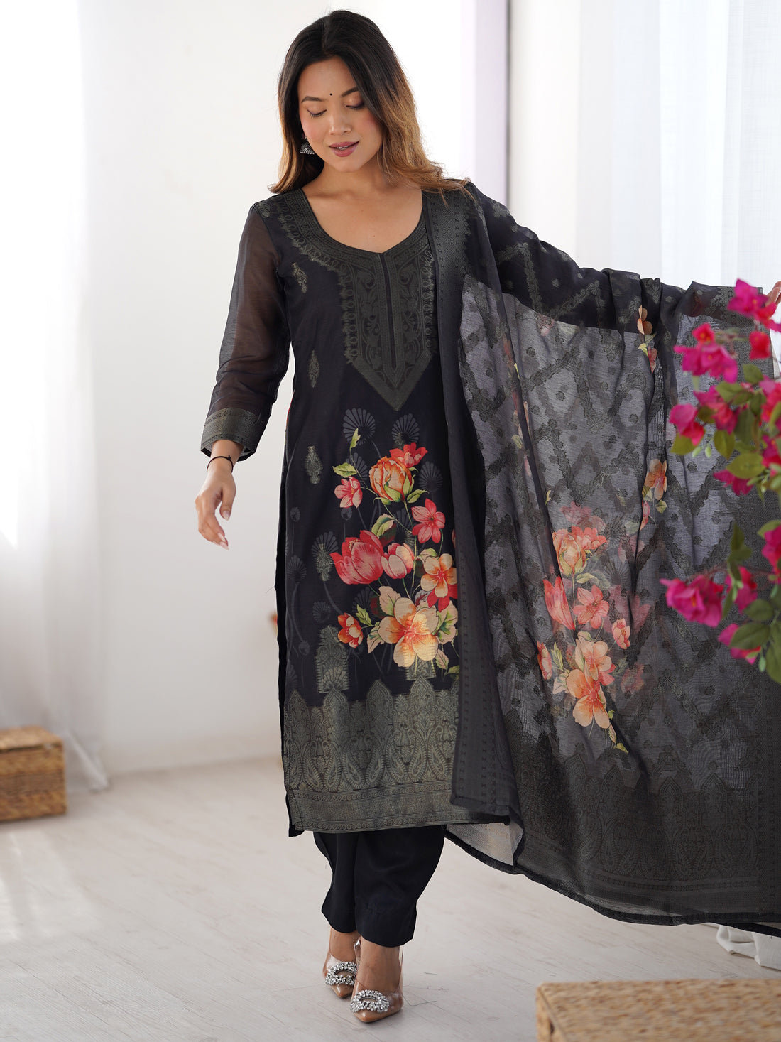 Dazzling Black Floral Printed Chanderi Traditional Pant Suit With Dupatta