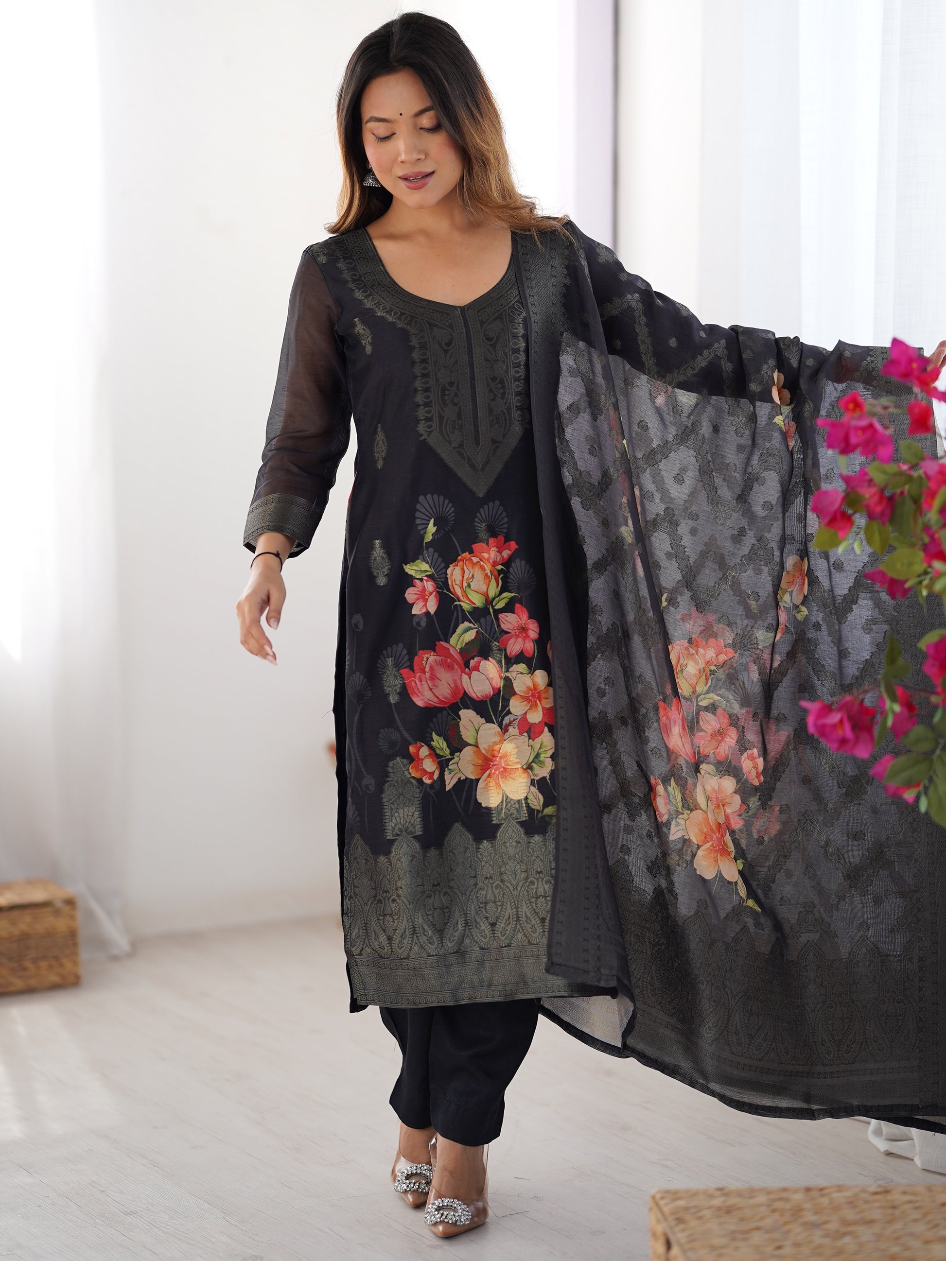 Dazzling Black Floral Printed Chanderi Traditional Pant Suit With Dupatta