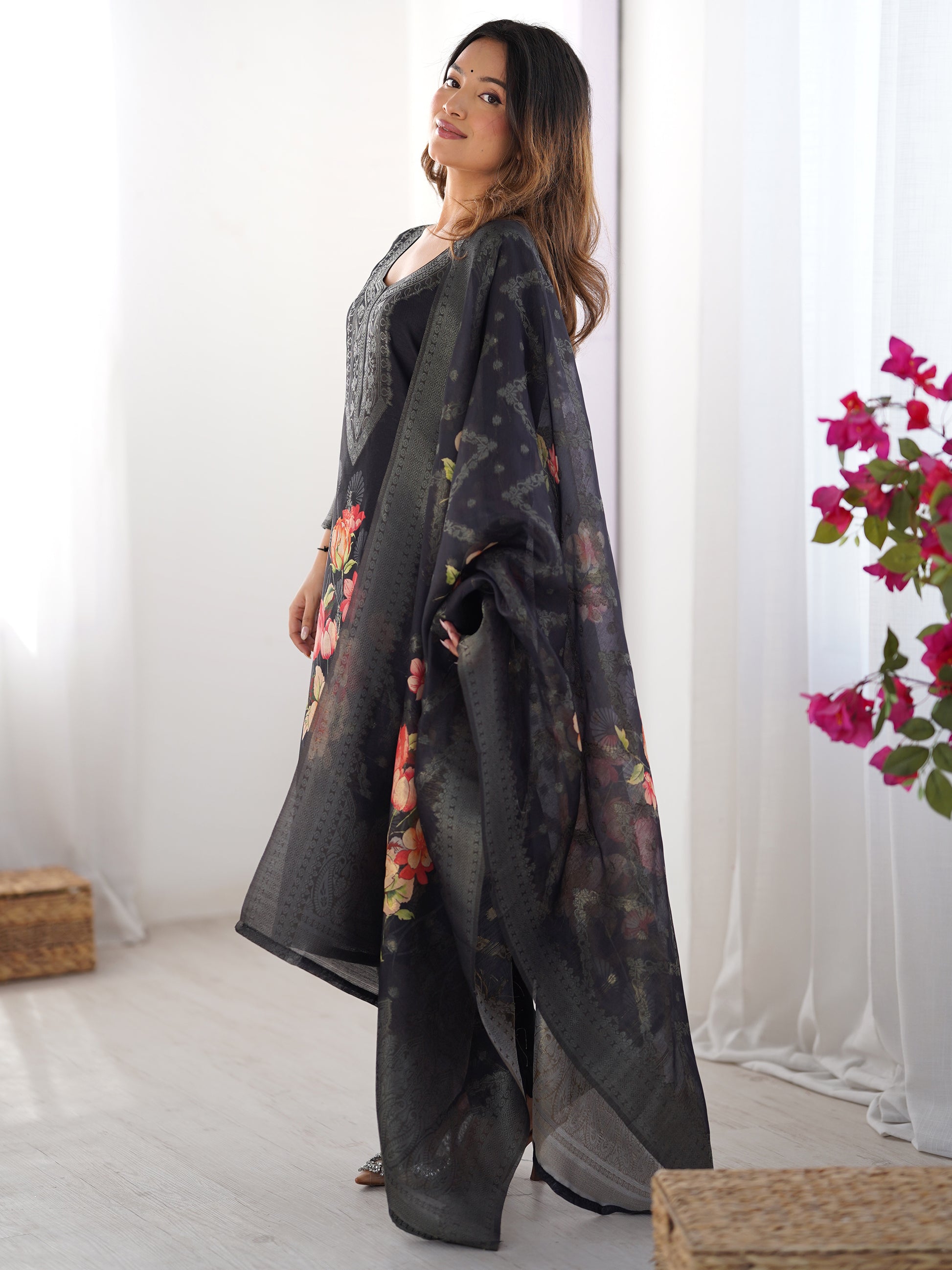 Dazzling Black Floral Printed Chanderi Traditional Pant Suit With Dupatta